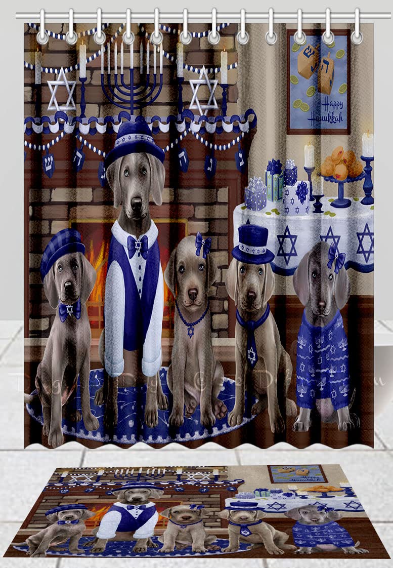 Happy Hanukkah Family Weimaraner Dogs Bath Mat & Shower Curtain Set - Non-Slip Bathroom Decor, Plush Rug & Polyester Bathtub Curtain with Hooks (BM 20