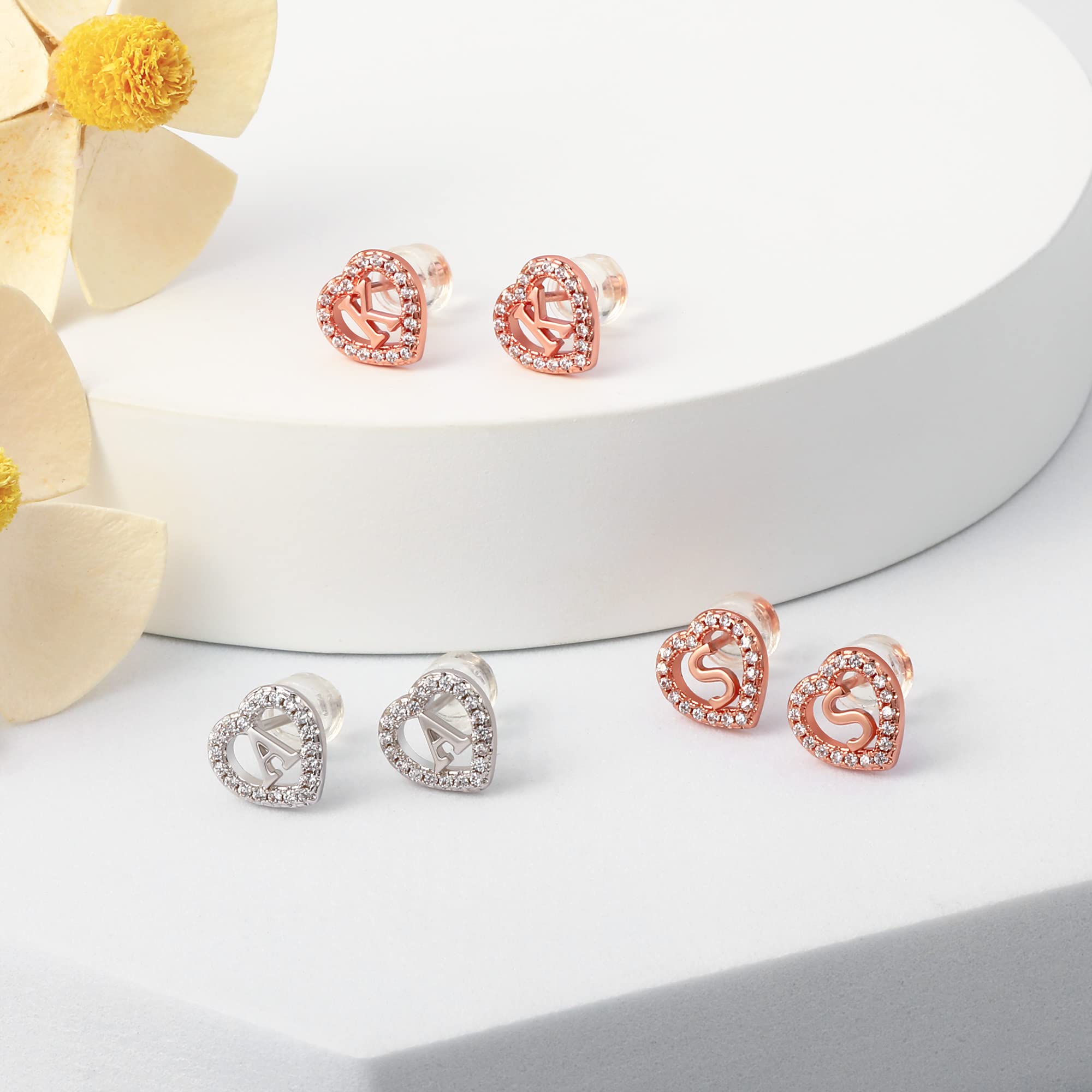 Personalized Initial Heart Earrings for Girls - Sterling Silver & Rose Gold Stud Earrings for Kids, Teens & Babies | Hypoallergenic, Tarnish-Free Jewelry | Perfect Birthday Gifts, First Communion, Christmas Presents & Everyday Wear