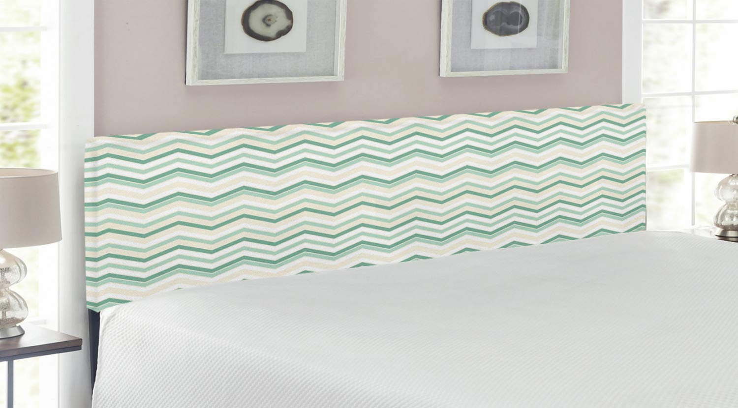 Lunarable King Size Upholstered Metal Headboard - Chevron Ikat Design with Memory Foam in Ivory Seafoam Jade Green | Traditional Herringbone Pattern for Bedroom Decor | Perfect for Master Bedroom, Guest Room & Home Staging