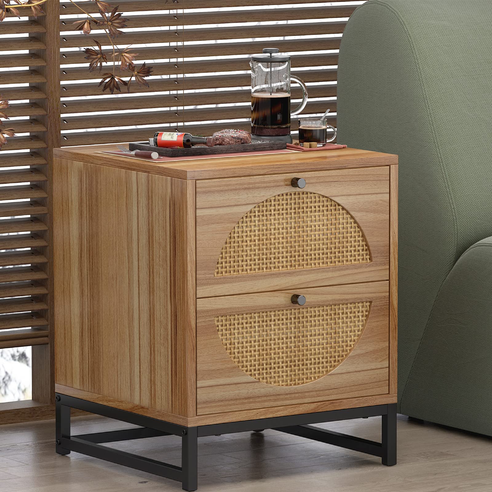 Rattan Nightstand with 2 Drawers & Metal Legs - Natural Rustic Bedside Table for Bedroom, Living Room | End Table with Storage Shelf for Home Decor & Organization