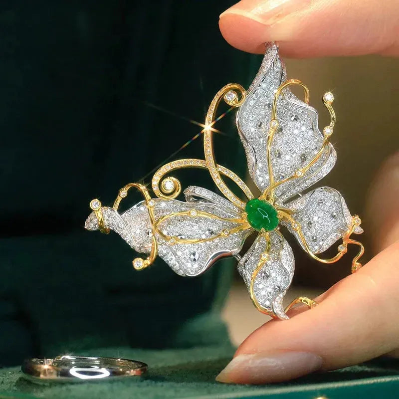 18K White & Yellow Gold Diamond & Natural Emerald Butterfly Pendant Necklace for Women - Luxury High Jewelry Gift for Anniversary, Birthday & Special Occasions