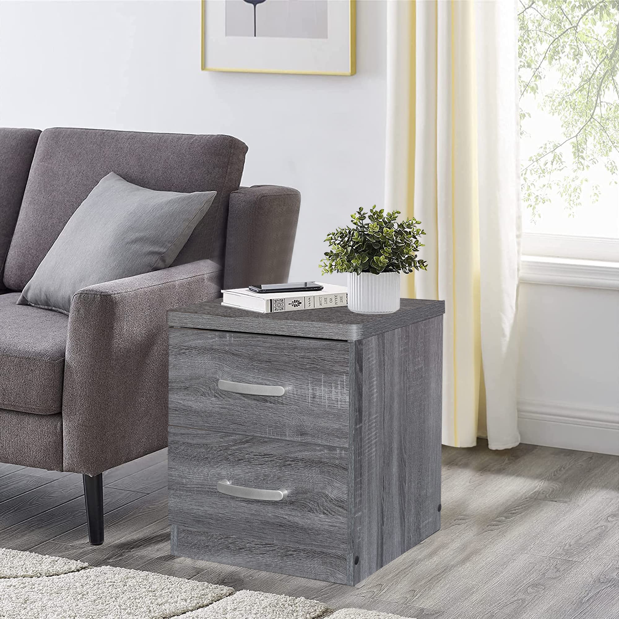 Better Home Products Cindy Faux Wood 2-Drawer Nightstand in Gray - Modern Bedside Table for Small Spaces, Bedroom Furniture with Storage