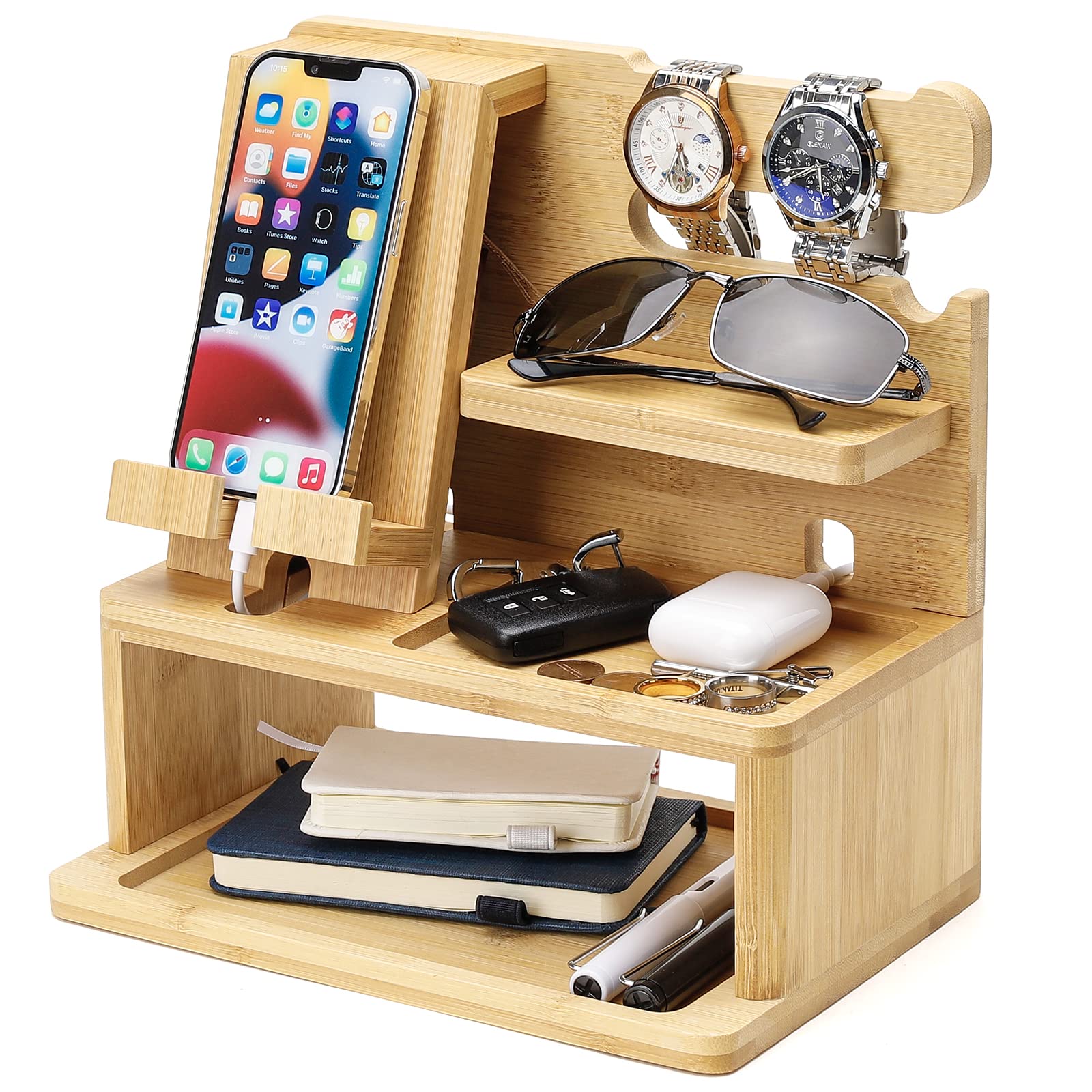 Bamboo Charging Station - Multi-Device Docking Organizer for Phone, Smartwatch, Tablet & Keys | Nightstand Storage for Electronics | Perfect Gift for Men, Women, Father & Husband | Home & Office Use