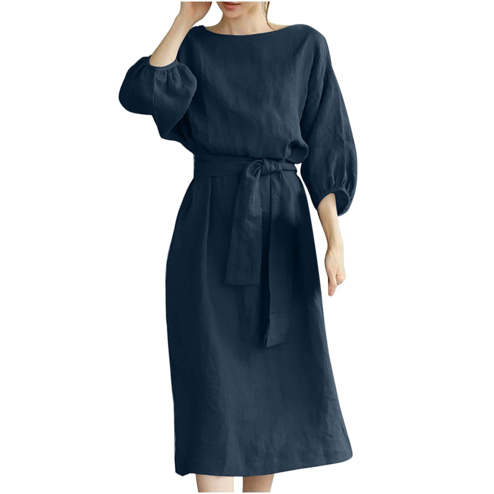 Luciava Women's Summer Dress - Round Neck Cotton Linen Loose Short Sleeve Solid Midi Dress for Vacation, Beach, Party & Casual Wear