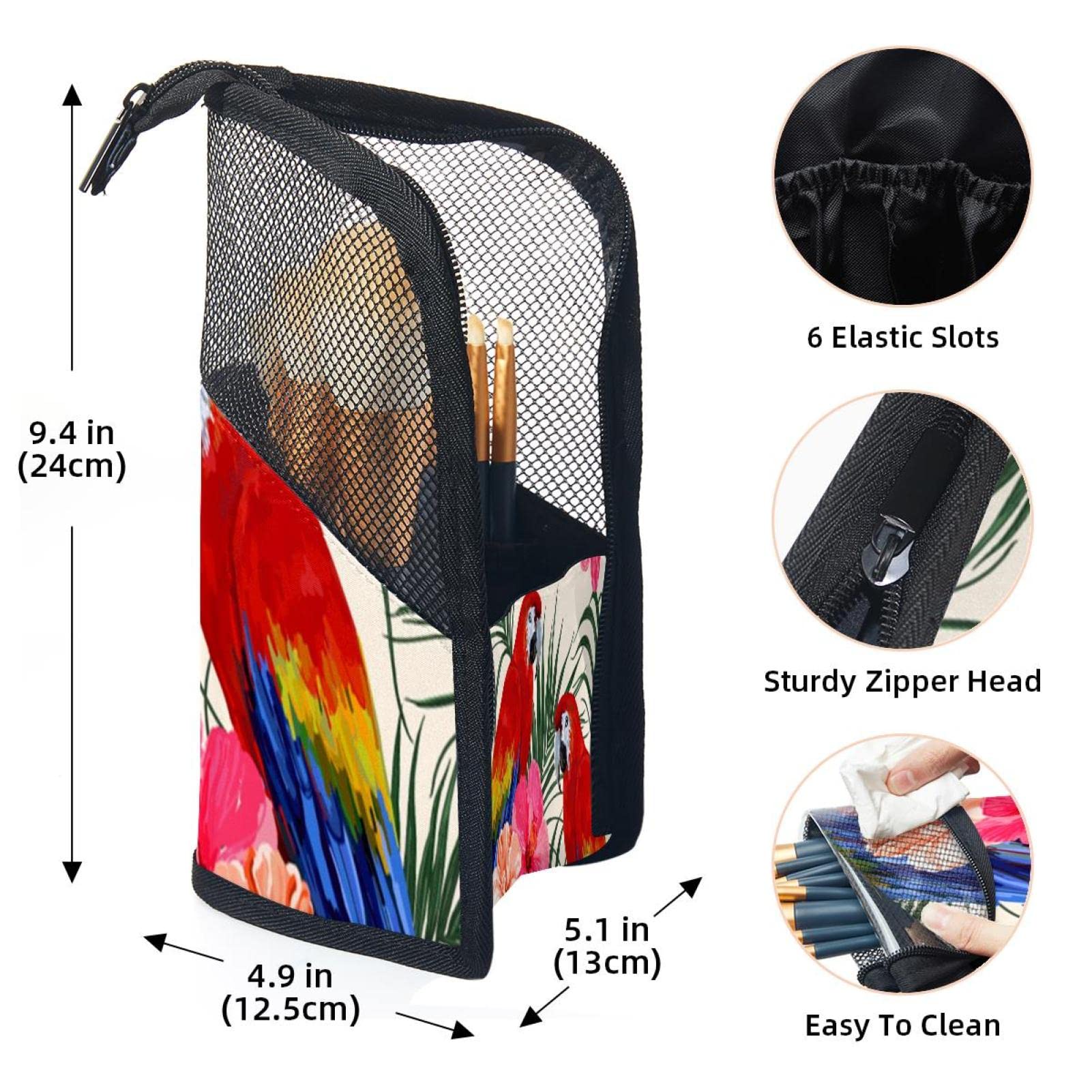 Floral Tropical Makeup Brush Organizer Bag with 12 Slots - Portable Cosmetic Brush Holder Case for Travel - Perfect for Makeup Artists & Beauty Enthusiasts (Palm Leaves & Parrot Design)