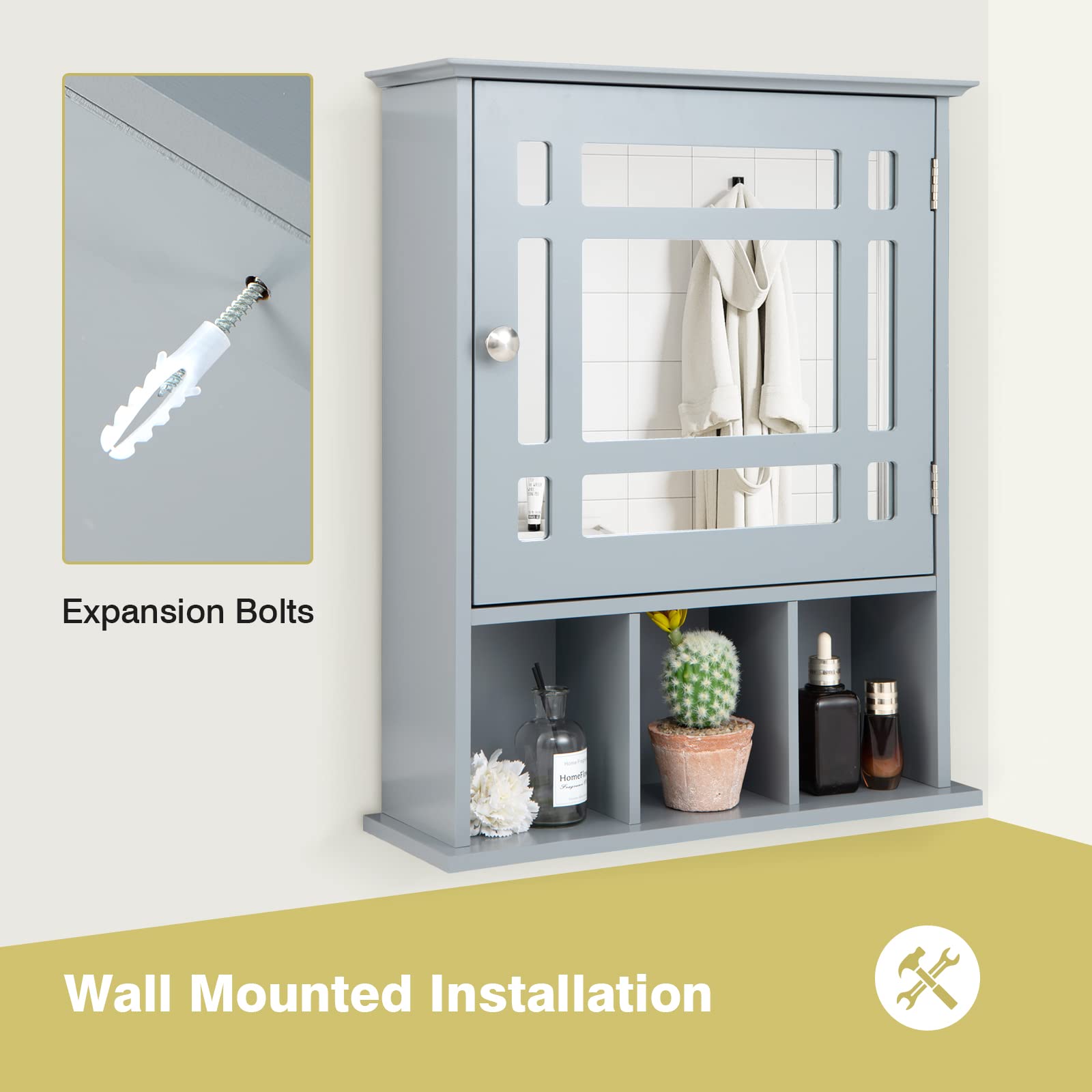 GOFLAME Wall Mounted Bathroom Medicine Cabinet with Mirror - Adjustable Shelf Storage Organizer for Bathroom, Vanity, or Powder Room - Sleek Grey Design for Modern Home Décor