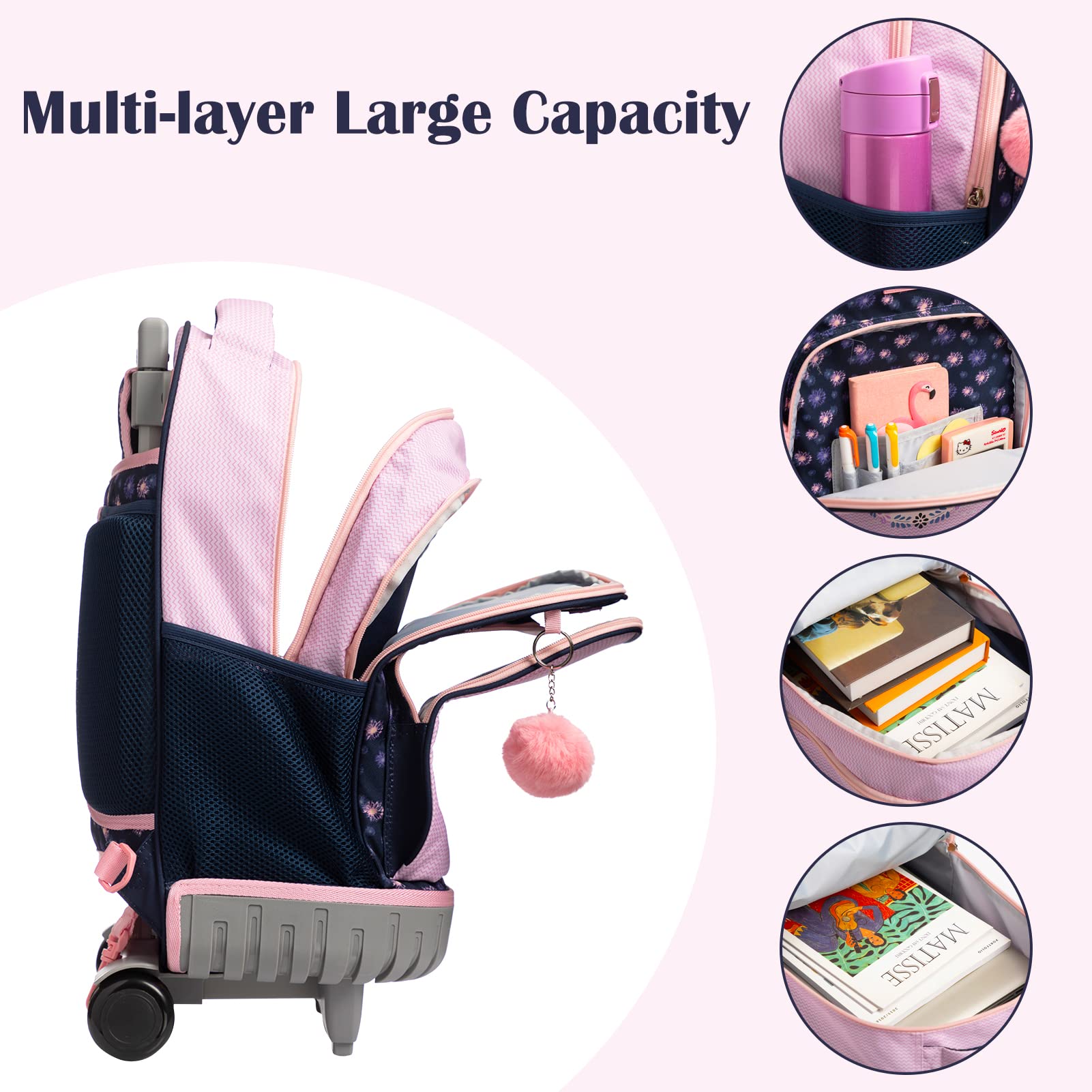 SKYMOVE 18 Inch Rolling Backpack for School & Travel - Multi-Compartment Double Handle Wheeled Backpack for Girls, Women & Business Trips | Pink Fireworks Design | Perfect for Students, Commuters & Airplane Carry-On Luggage