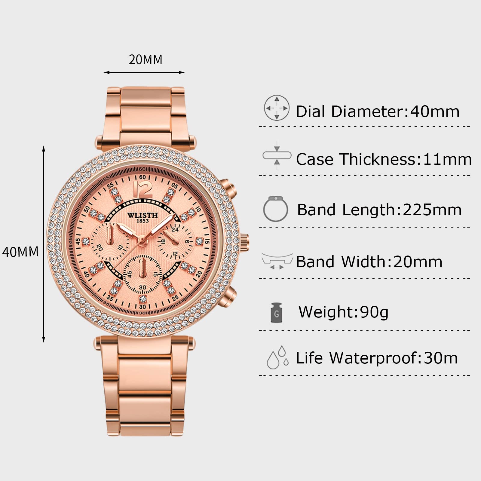 RORIOS Women's Waterproof Watch - Stainless Steel Strap with Rhinestones for Everyday & Formal Wear