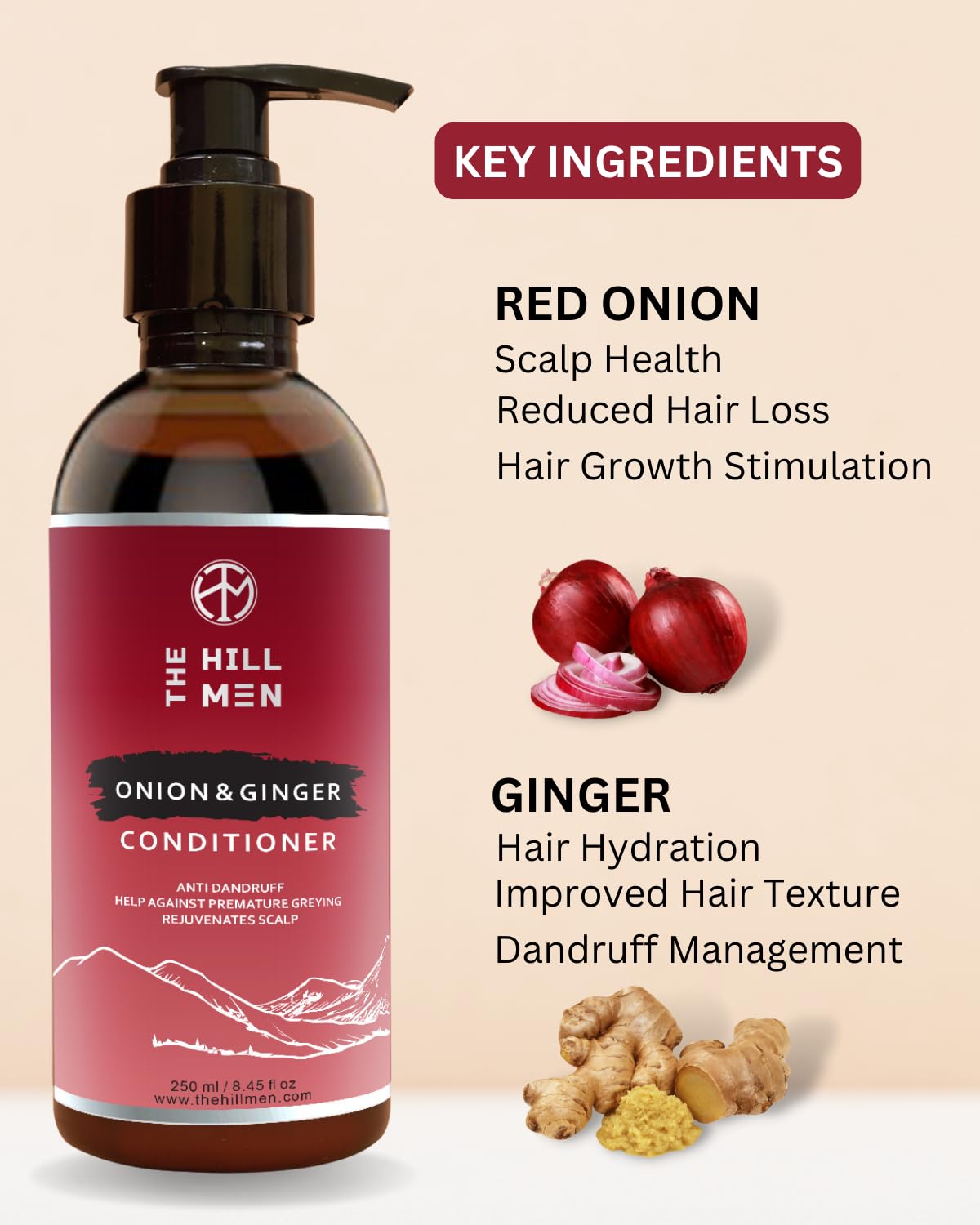 The Hill Men Onion & Ginger Hair Conditioner – Sulfate & Paraben Free, 250ml | Natural Hair Growth Treatment for Men | Frizz Control, Smoothing & Shine Booster | Strengthens & Repairs Damaged Hair | Alcohol-Free & Chemical-Free Formula | Ideal for Daily Use & Dry/Damaged Hair Care