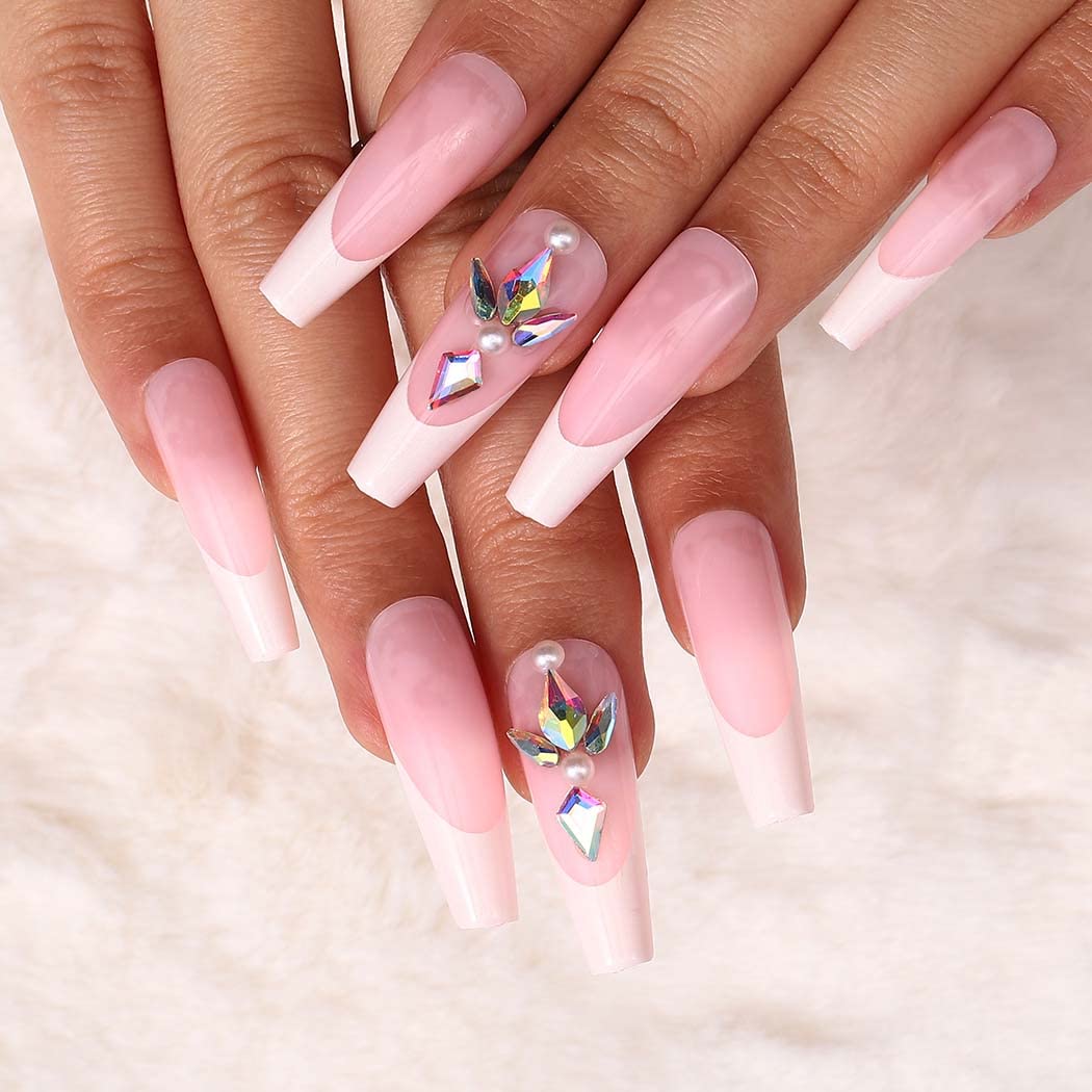 24pcs French Coffin Press-on Nails with Rhinestone Designs - Acrylic Fake Nails for Women & Girls - Ballerina False Nails for Parties, Weddings & Special Occasions