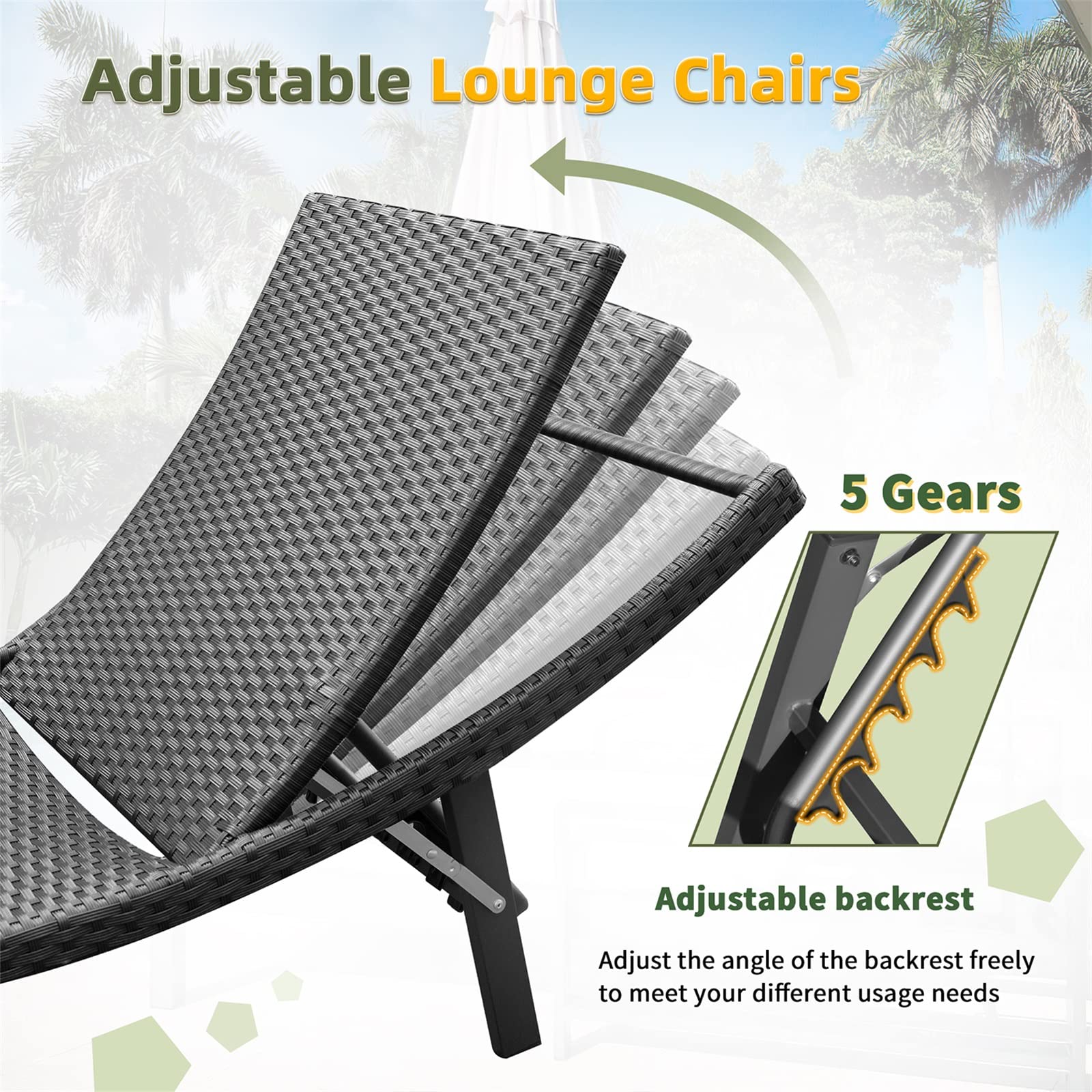 GUNJI 3-Piece Outdoor Wicker Lounge Chair Set with Adjustable Chaise & Side Table - Beige Patio Furniture for Poolside, Deck, Lawn, Garden & Backyard Relaxation