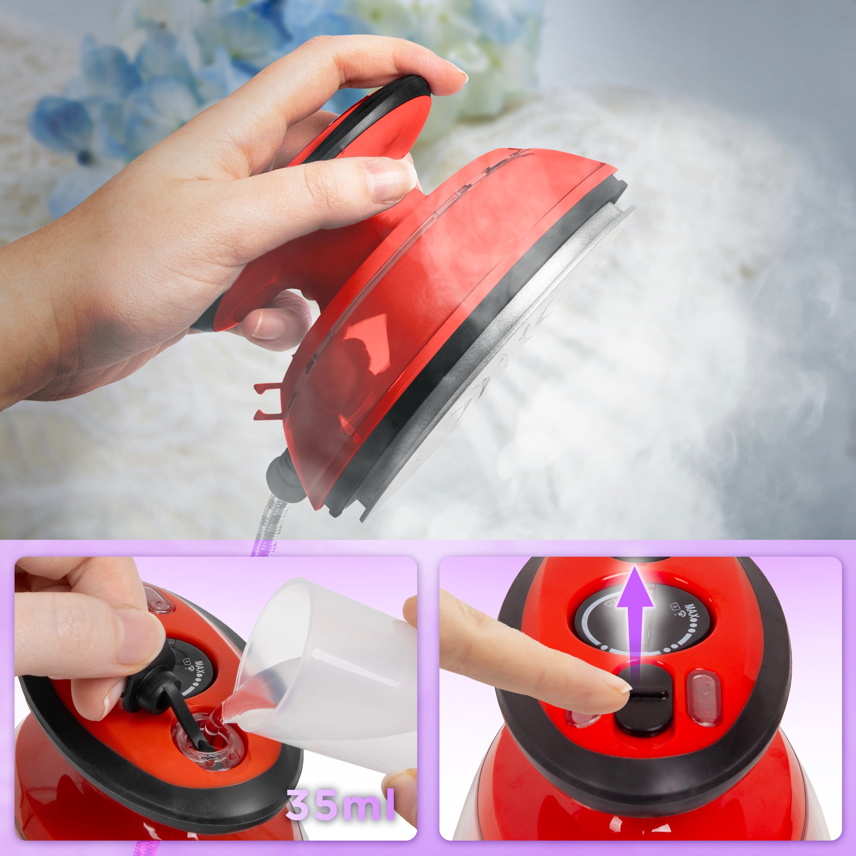Duronic Steam Travel Iron Si3 RD - 400W Mini Compact Steamer with 35ml Water Tank, Adjustable Heat & Brush - Perfect for Quilting, Patchwork, Applique, Crafts & Holiday Travel