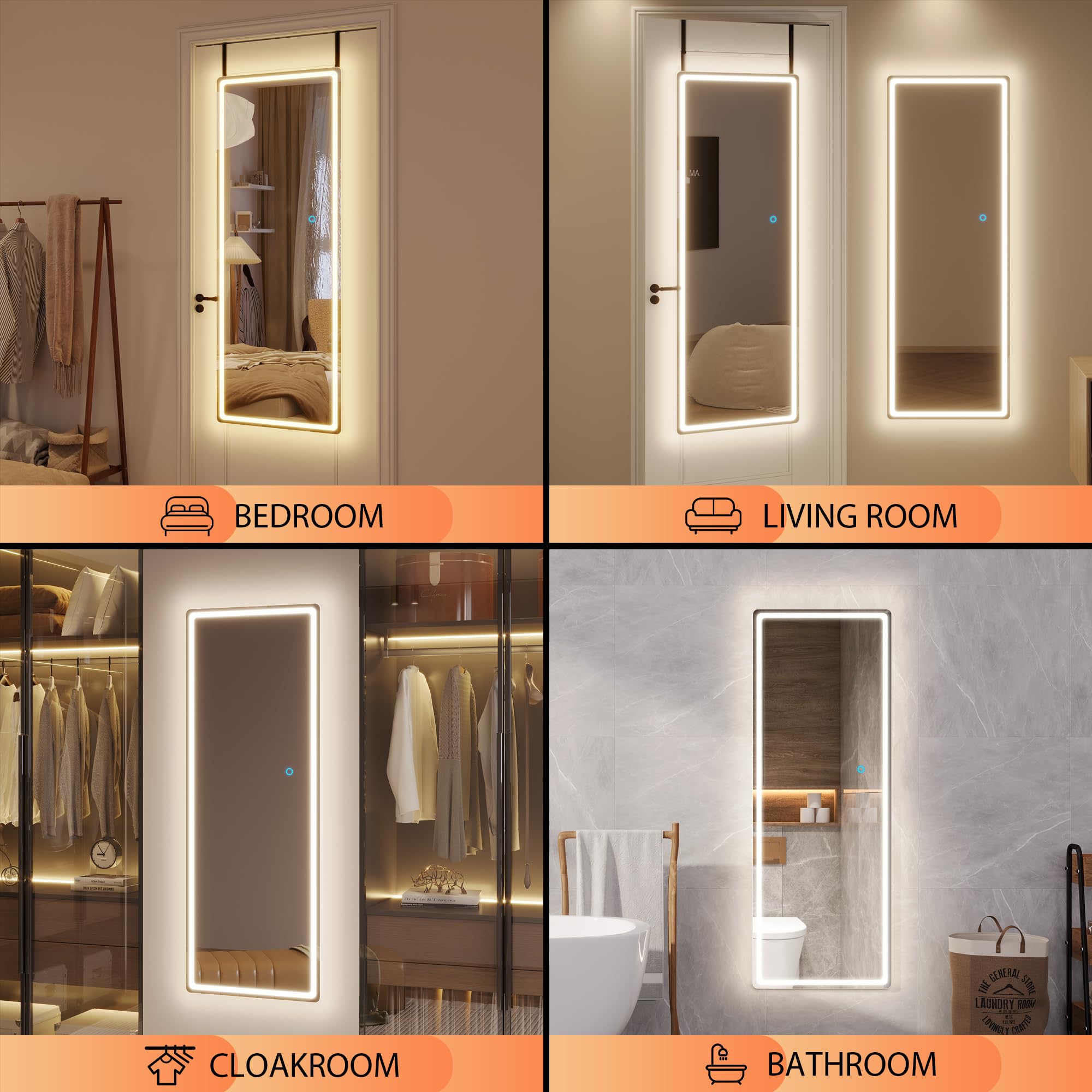 LVSOMT 47x14 Inch Full Length LED Lighted Mirror - Over The Door Hanging & Wall Mounted Full Body Mirror with Lights for Bedroom, Living Room, Dressing Room (White) - Perfect for Makeup, Outfit Checks & Home Decor