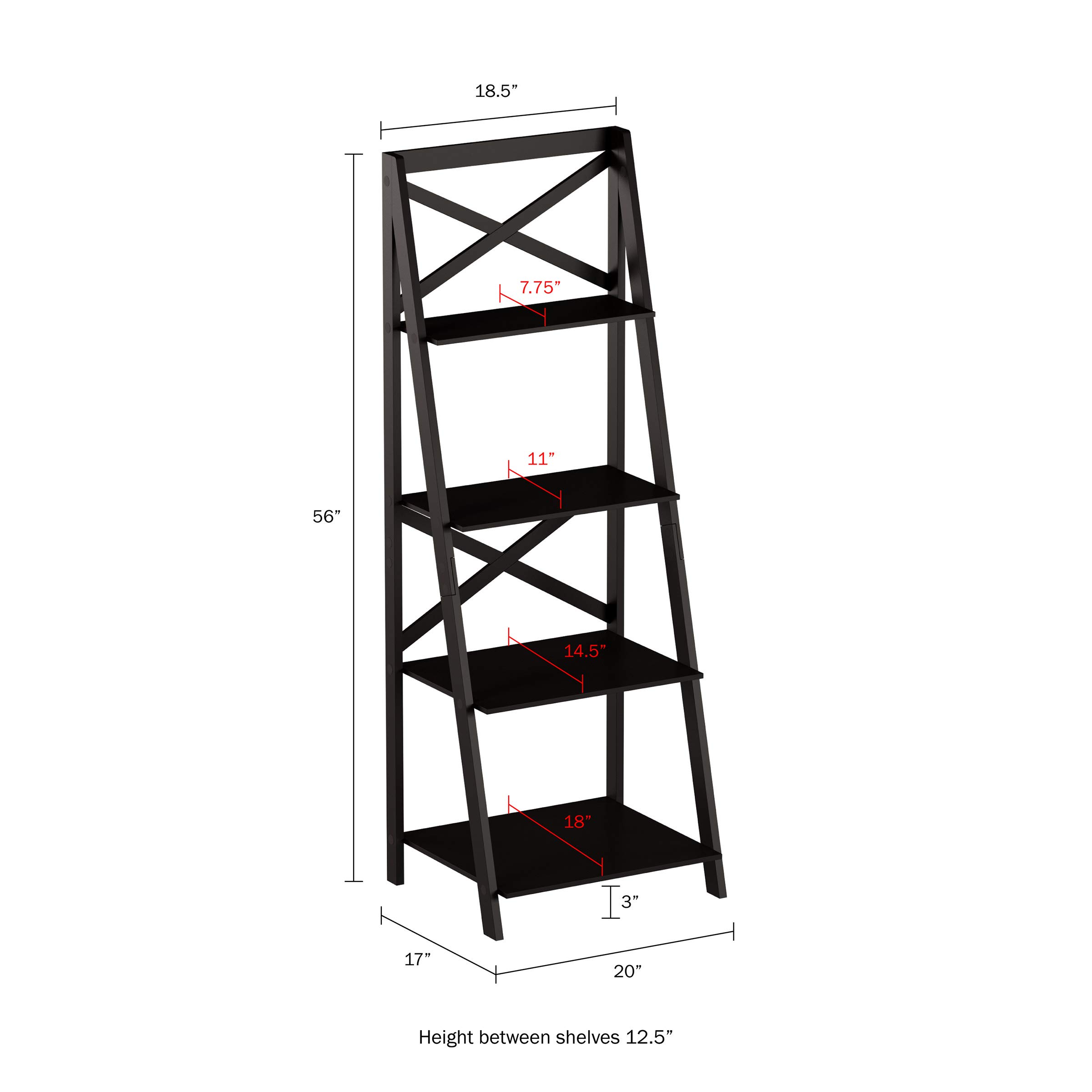 Lavish Home 4-Tier Ladder Bookshelf - Sturdy Freestanding Bookcase with X-Back Design, Space-Saving Leaning Shelf for Living Room, Bedroom or Office Decor (Black) - Perfect for Displaying Books, Plants & Decorative Items
