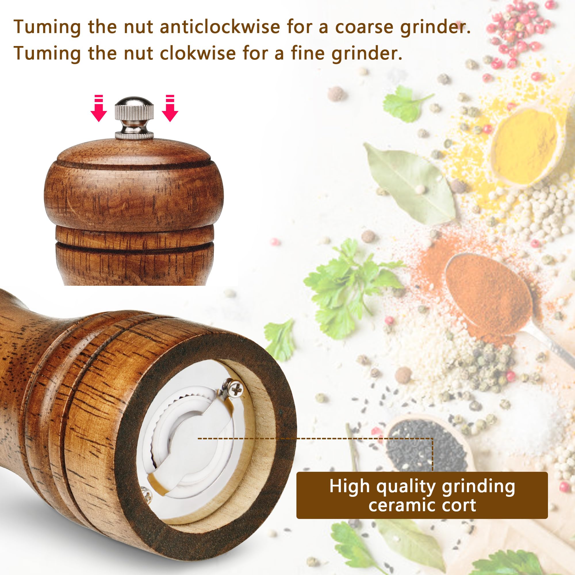 Premium Gulex® 8 Inch Wooden Pepper Grinder & Salt Mill - Adjustable Coarseness, Ceramic Grinding Mechanism, Refillable - Dark Color (5.5