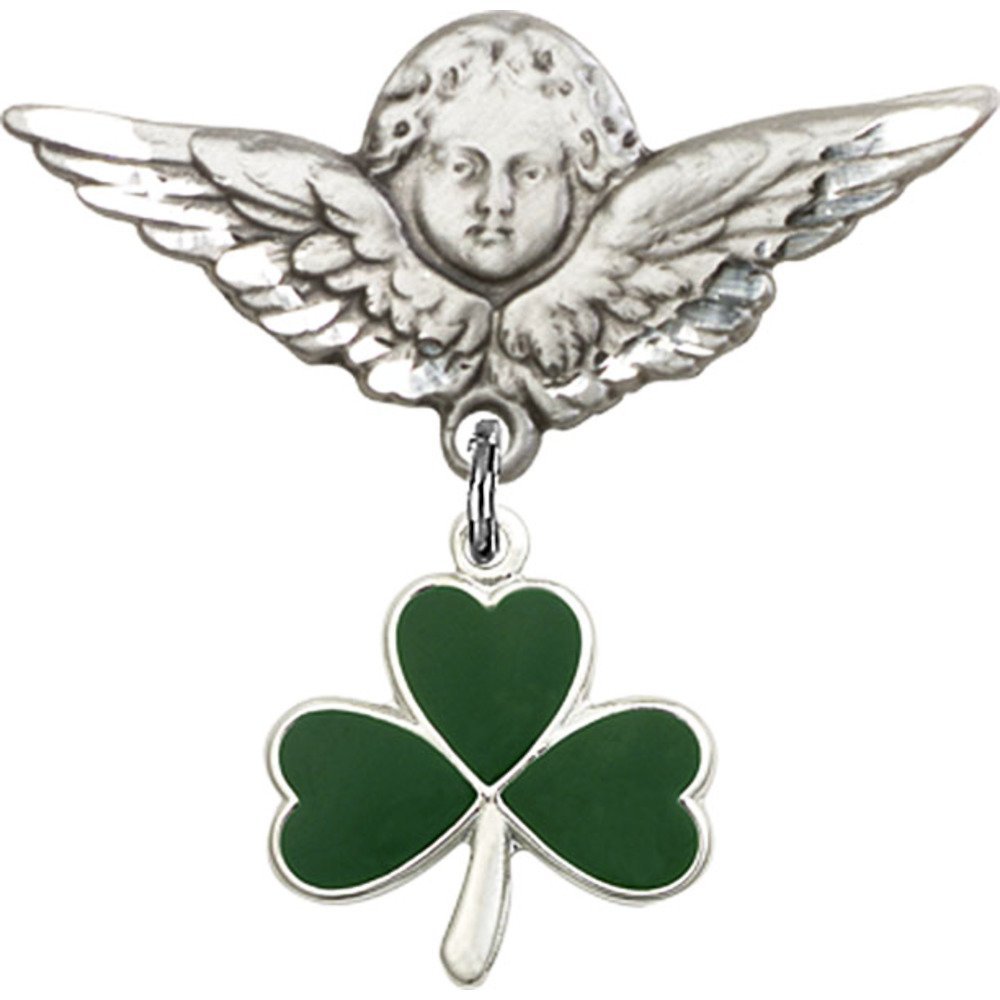 Sterling Silver Baby Badge with Shamrock Charm & Angel Wing Pin - 1 1/8