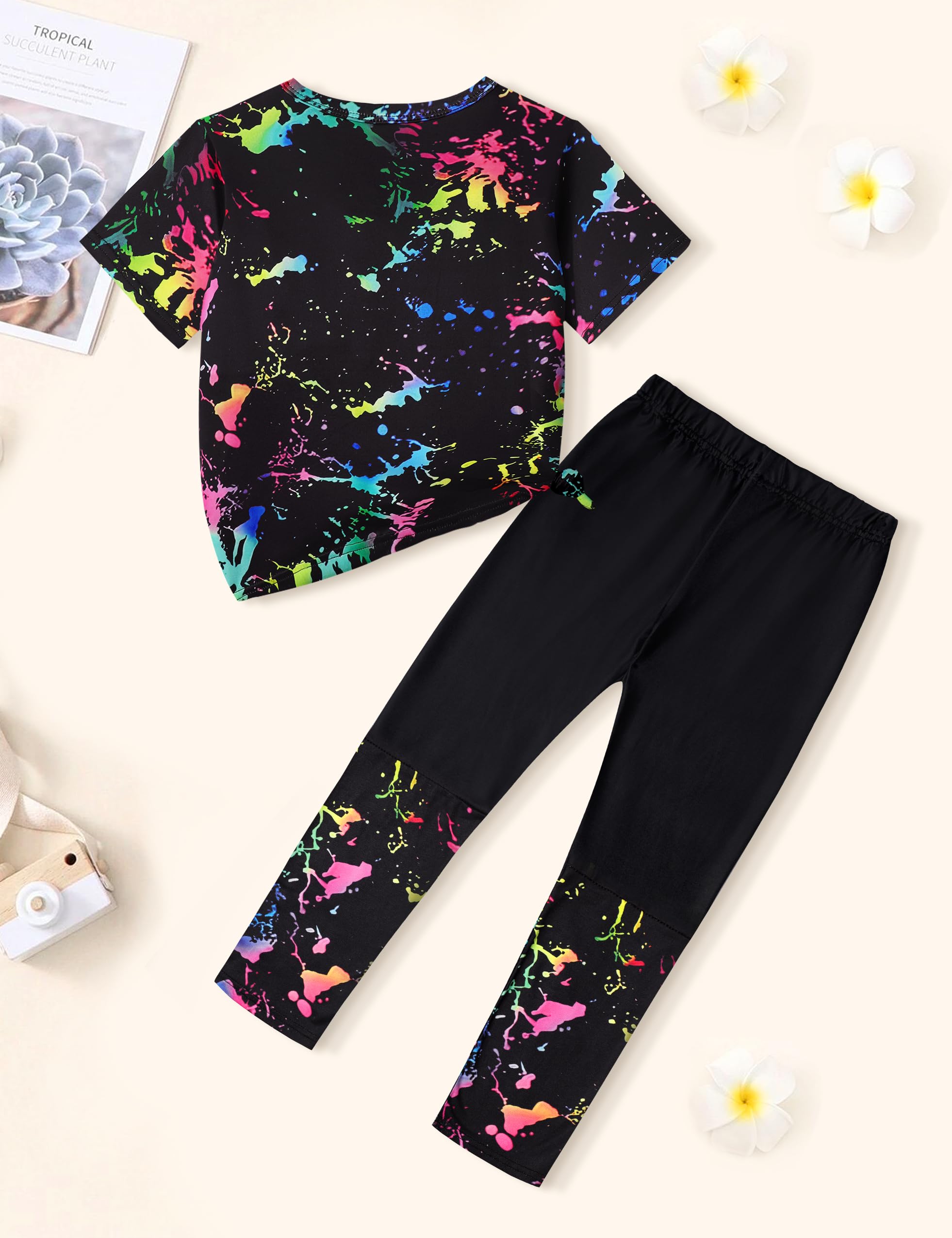 **DONWEN Girls Tie-Dye 2-Piece Sweatsuit Set - Short Sleeve Graphic Top & Long Pants - Cute Summer Outfits for Girls - Perfect for Playdates, School, and Casual Wear**