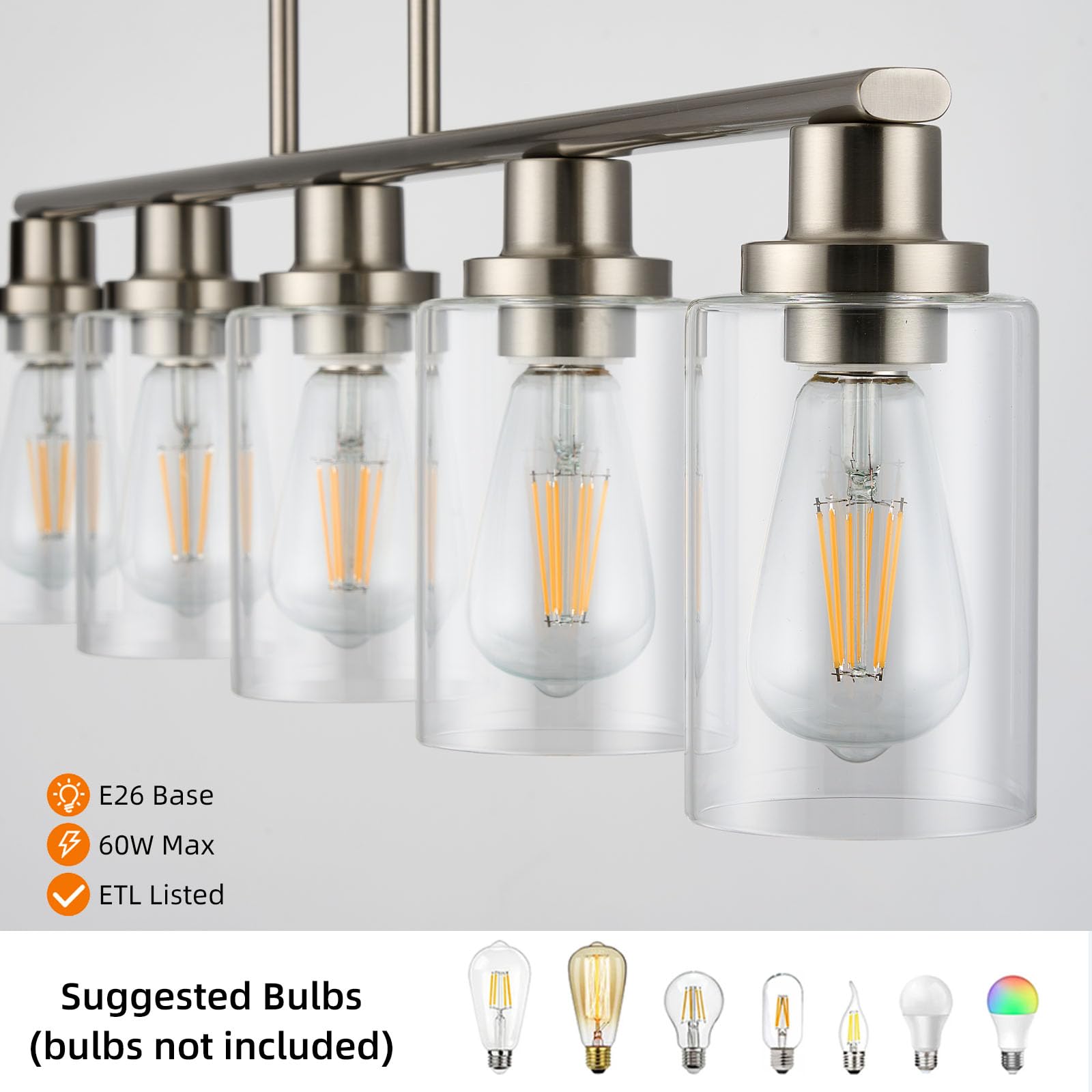 5-Light Farmhouse Pendant Lighting - Brushed Nickel Linear Chandelier with Clear Glass Shades - Rustic Industrial Kitchen Island Lighting for Dining Room & Table - Perfect for Farmhouse, Industrial & Modern Home Decor