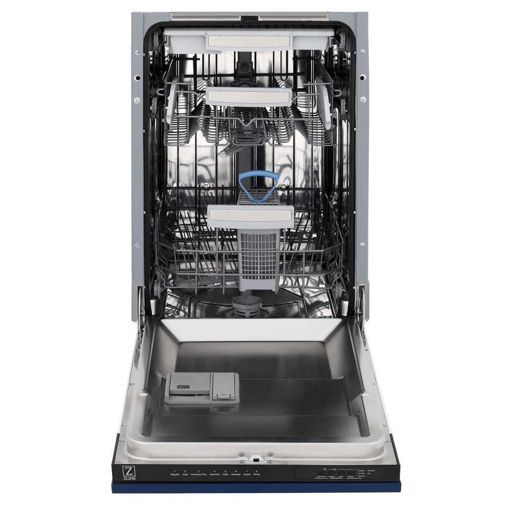 ZLINE 18 Inch Tallac Series 3rd Rack Top Control Built-In Dishwasher - Blue Gloss Finish with Stainless Steel Tub, 51dBa Quiet Operation (DWV BG 18) | Perfect for Modern Kitchens, Small Spaces & Energy-Efficient Homes