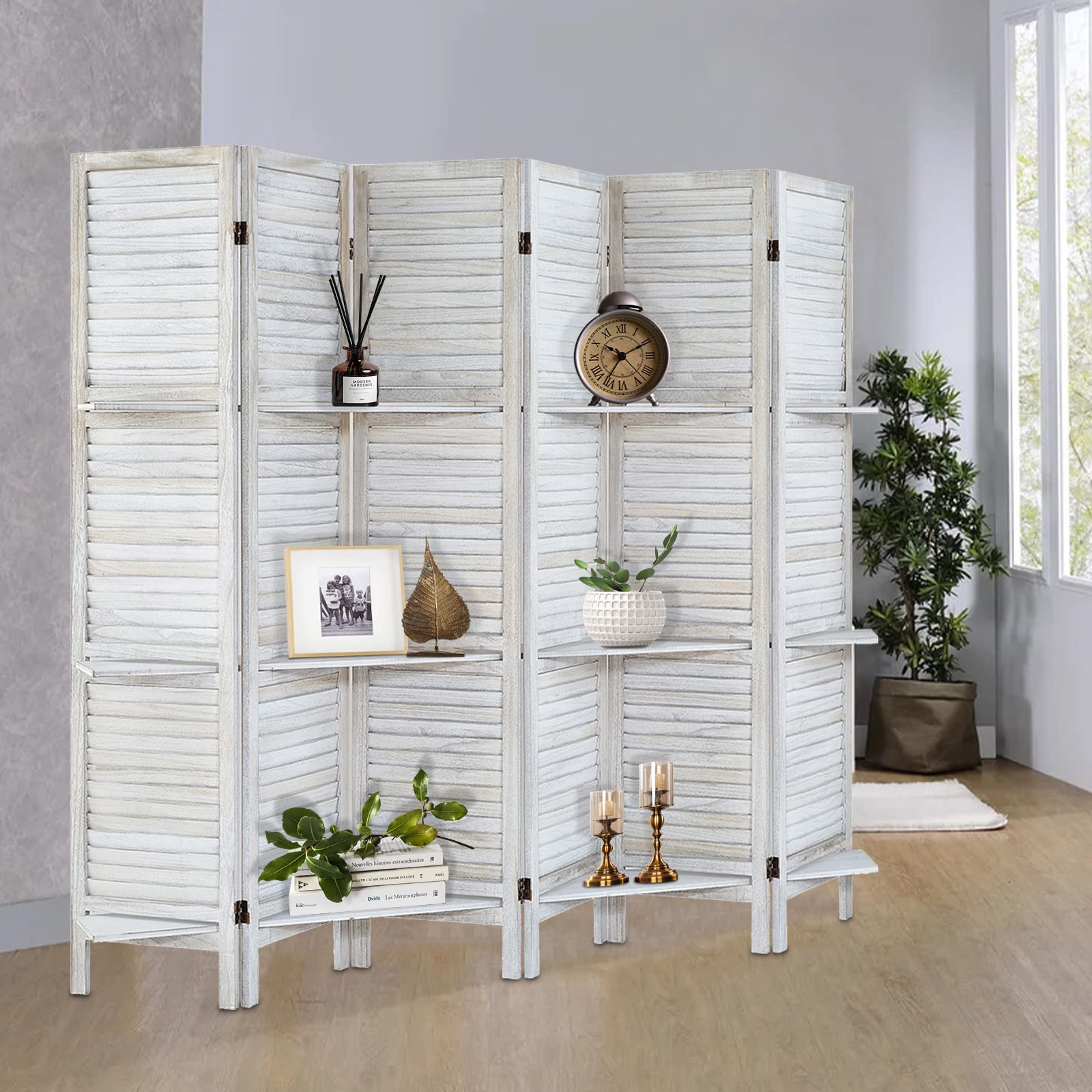 6-Panel Wood Room Divider with Shelves - Folding Privacy Screen & Temporary Wall Partition - Natural Coconut Finish for Home Office, Bedroom & Studio Separation