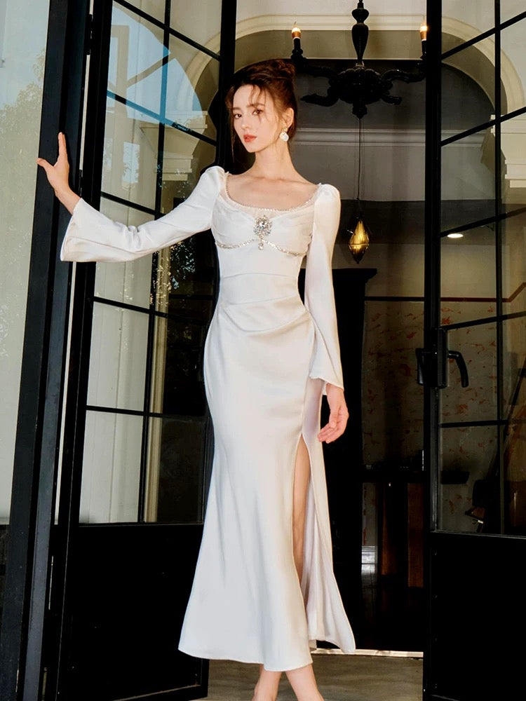 Elegant Mermaid Satin Formal Evening Gown with Long Sleeves - Perfect for Prom, Wedding Guest & Black Tie Events | Style J6536