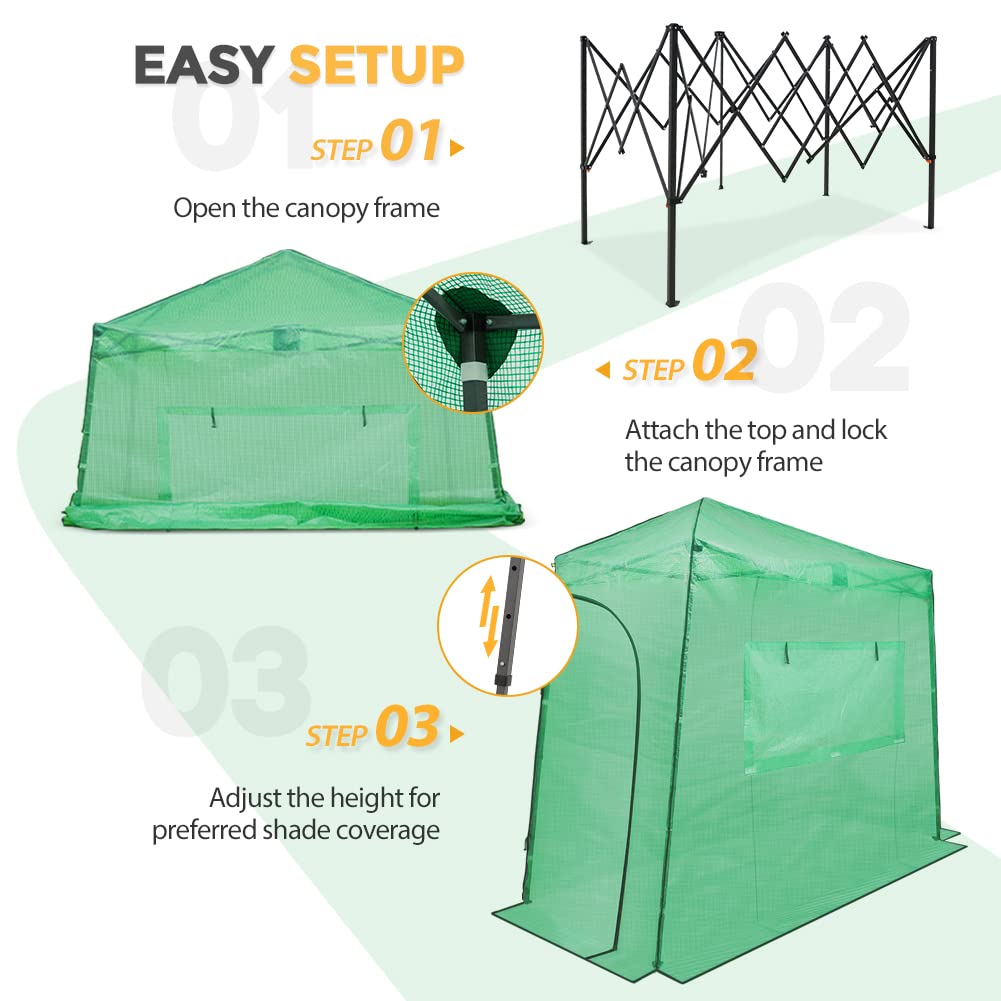 EAGLE PEAK 9x4 Lean-to Portable Walk-in Greenhouse - Pop Up Indoor Outdoor Garden Greenhouse with Zippered Doors & Windows, PE Cover (Green) - Perfect for Backyard Gardening, Plant Protection & Year-Round Growing