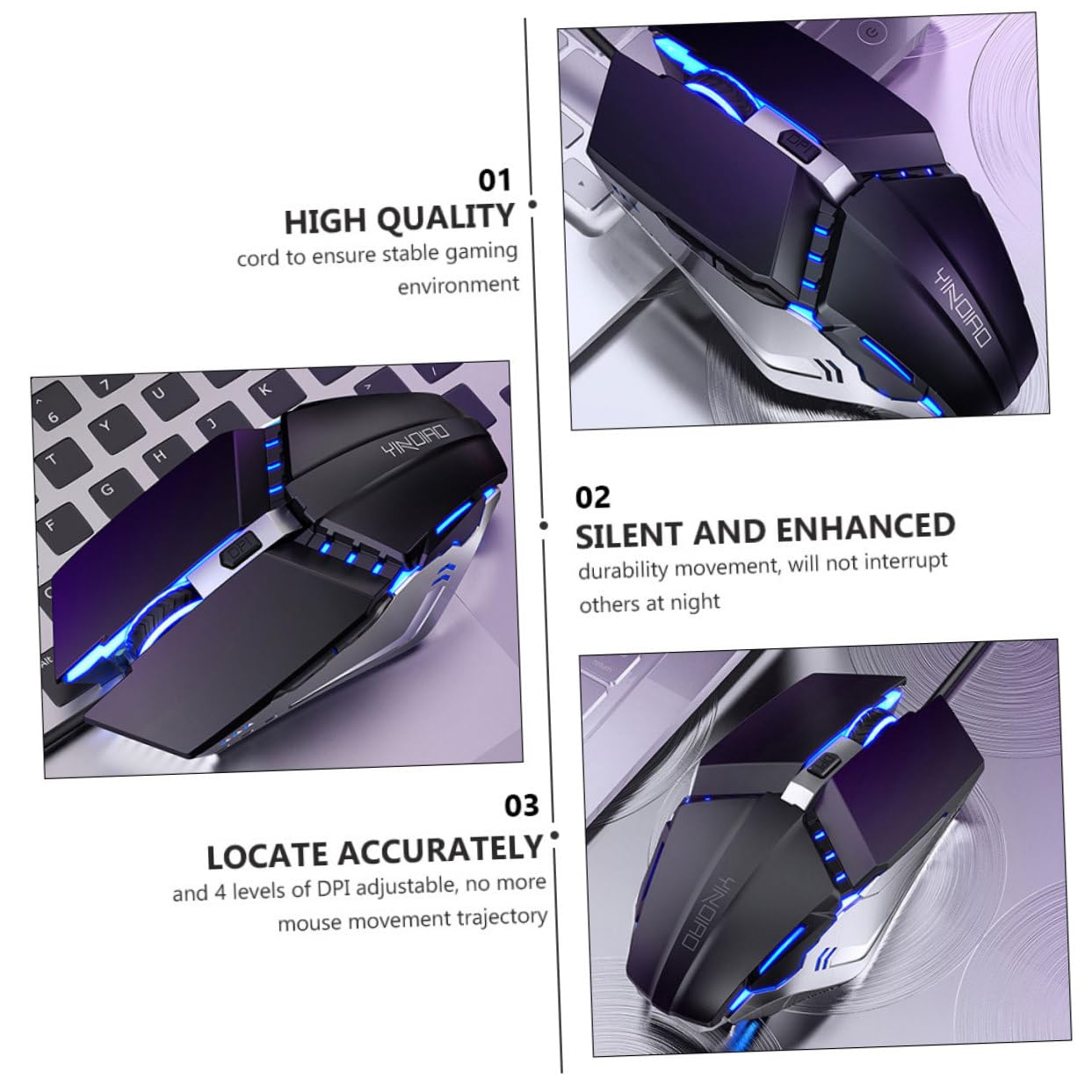 Yardenfun Wired Silent Mouse with Breathing Light - 7 DPI Adjustable USB Computer Mouse for Laptop, PC, Gaming & Office Use