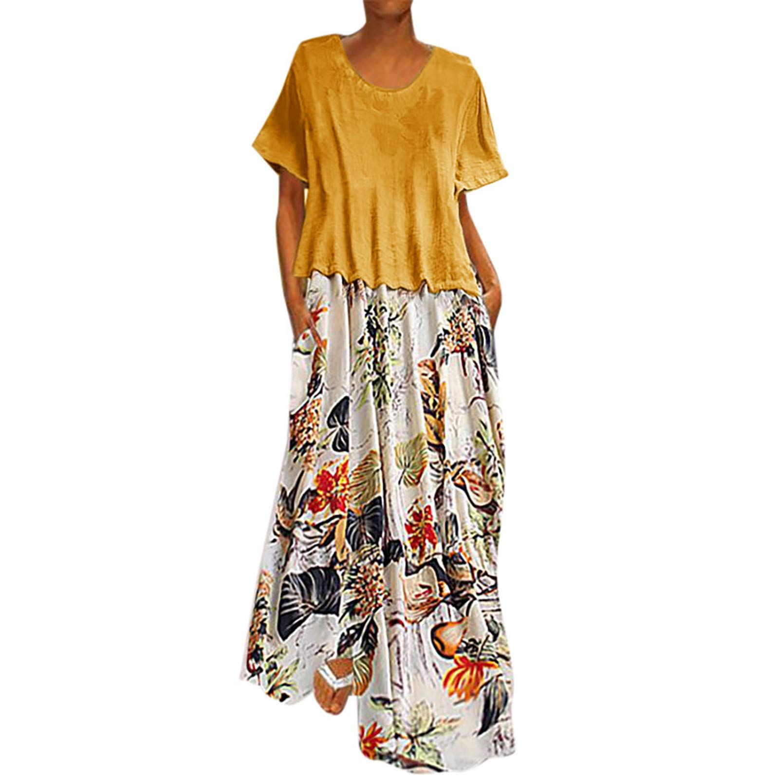 Vintage Floral Print Patchwork Plus Size Maxi Dress with Pockets - Women's Boho Two Piece Midi Sun Dress for Beach, Vacation & Summer Outfits