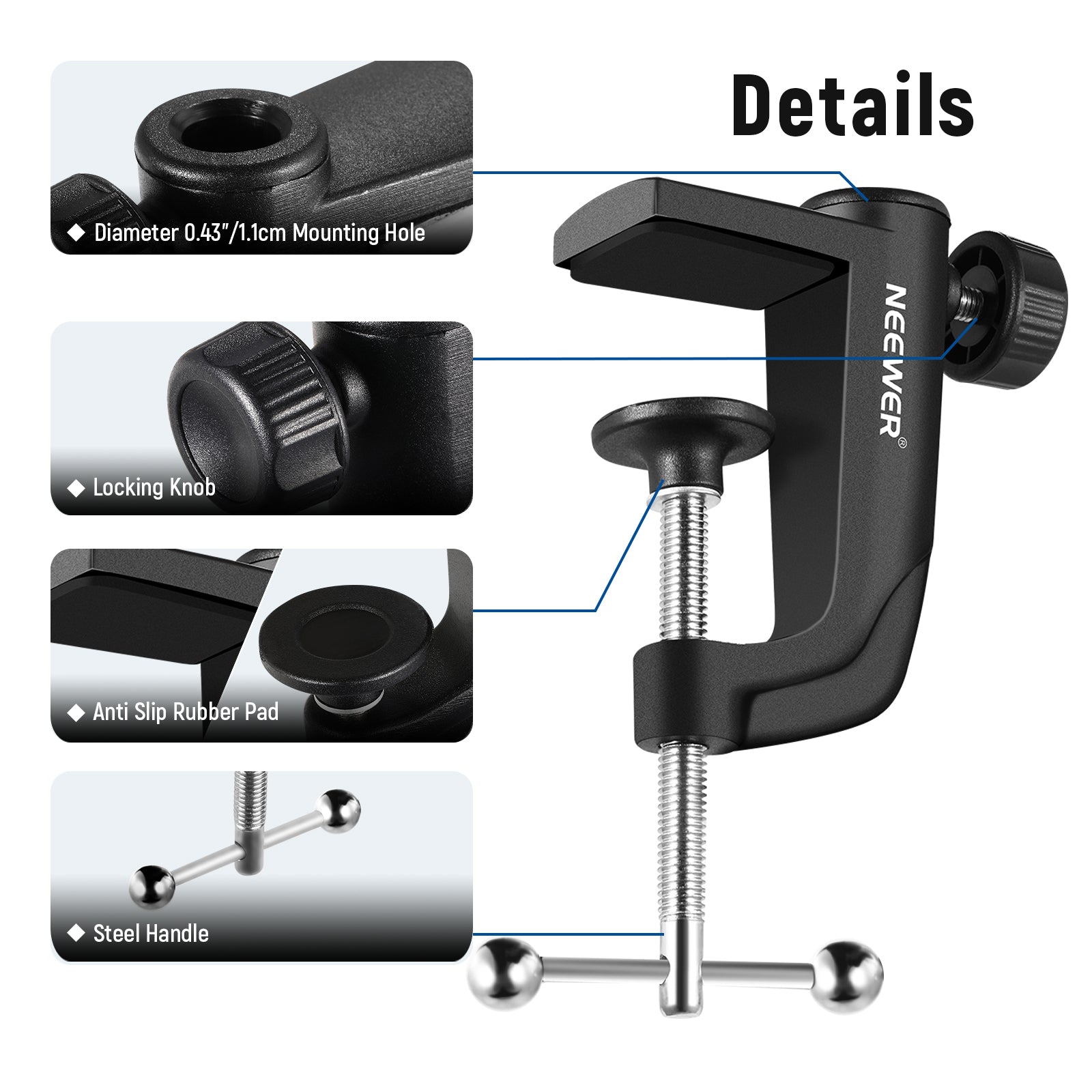 NEEWER Heavy Duty Metal C Clamp Table Mount - Adjustable Camera, Microphone & Lighting Stand Holder for Studio, Photography & Video Production