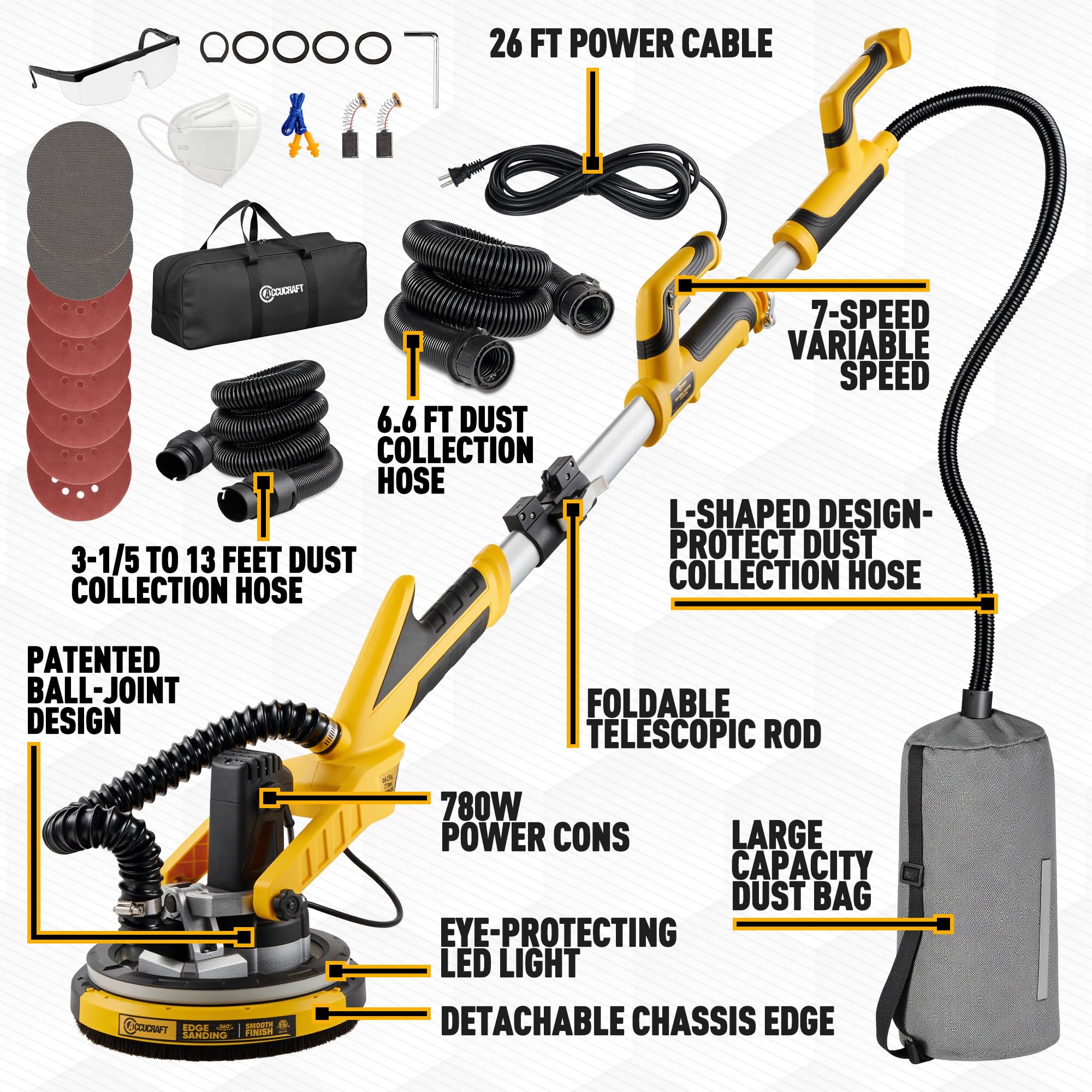 Powerful Electric Drywall Sander with Vacuum - Auto Dust Absorption, Dust-Free Design, 7 Variable Speeds (900-1800 RPM), 26' Power Cord & LED Light - Perfect for Popcorn Ceiling Removal, Wall Smoothing, and Home Renovation Projects