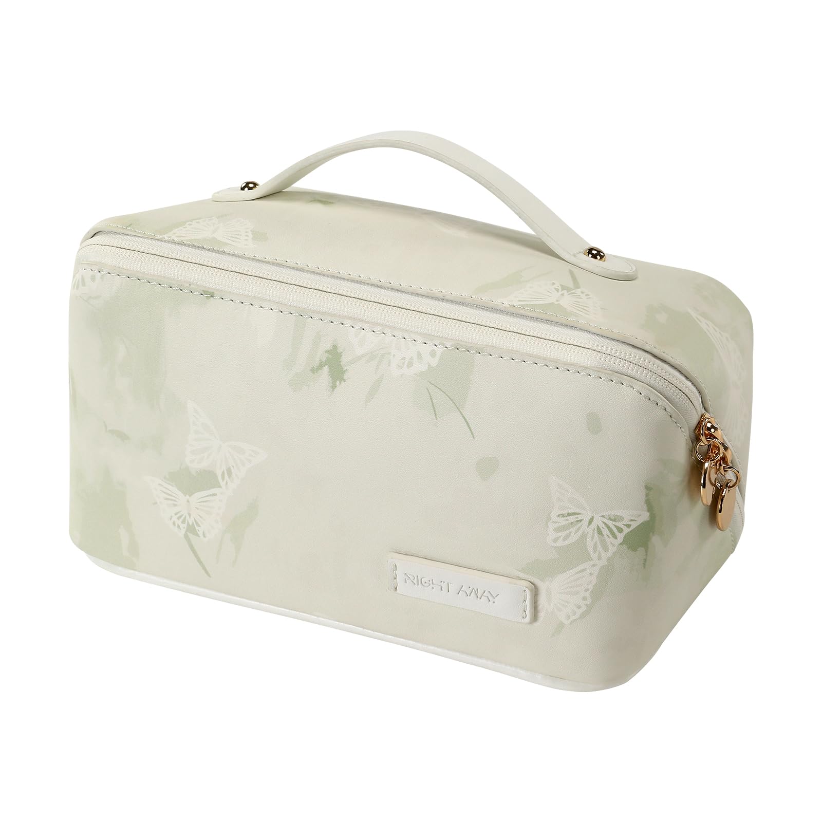 Waterproof PU Leather Travel Makeup Bag for Women - Light Green Cosmetic Organizer with Handle, Perfect for Vacation & Gym