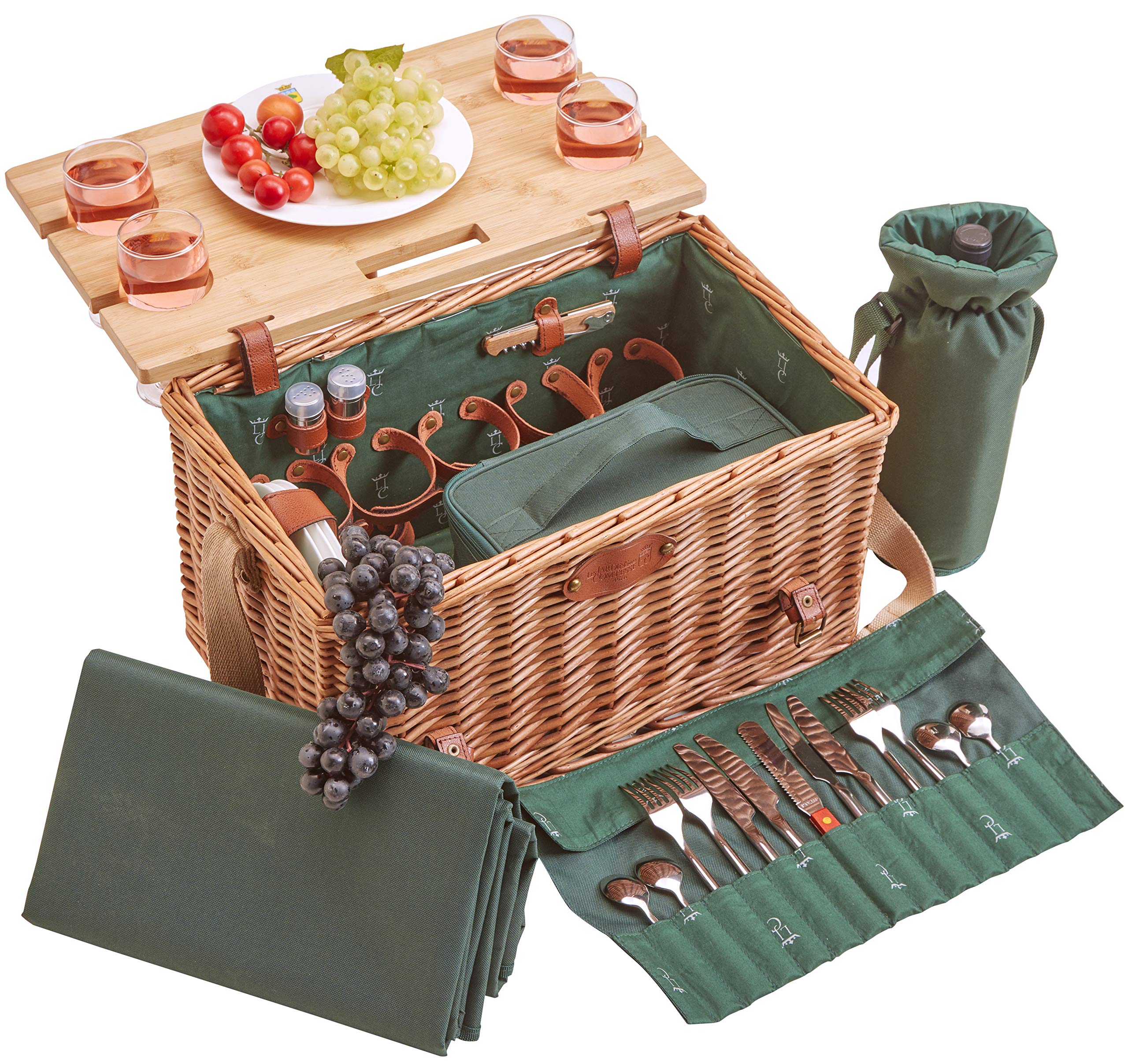Premium Picnic Basket Set for 4 - Les Jardins de la Comtesse Saint-Honoré Green Wicker Hamper with Leather Straps, Foldable Bamboo Table, Porcelain Plates & Glassware (45x28x28cm) - Perfect for Outdoor Dining, Beach Picnics, Romantic Getaways & Garden Parties