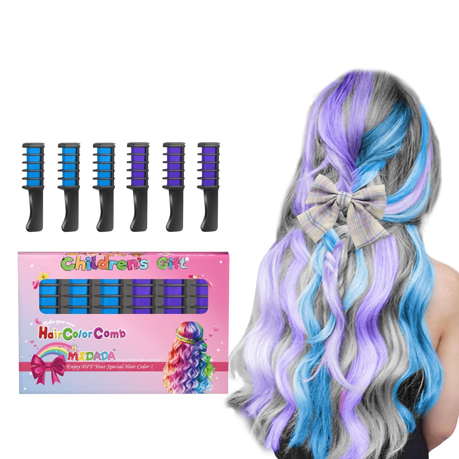 MSDADA Washable Hair Chalk Comb - Temporary Hair Color Dye for Kids & Girls (Blue & Purple) | Safe Non-Permanent Hair Coloring for Light Hair | Perfect for Birthday Parties, Cosplay, Halloween, Christmas & New Year Celebrations