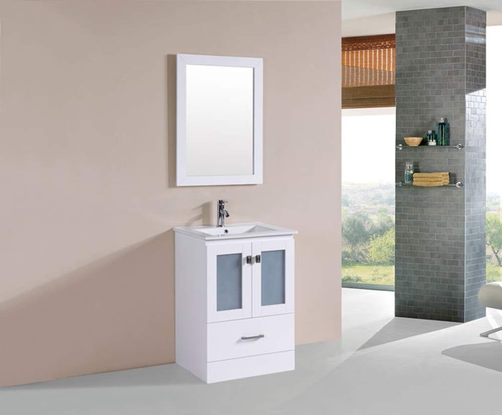 24 Inch Modern Freestanding Bathroom Vanity Set with Single Sink & Mirror - Solid Plywood Construction - Perfect for Small Bathrooms & Powder Rooms (T9312-24W-SET)