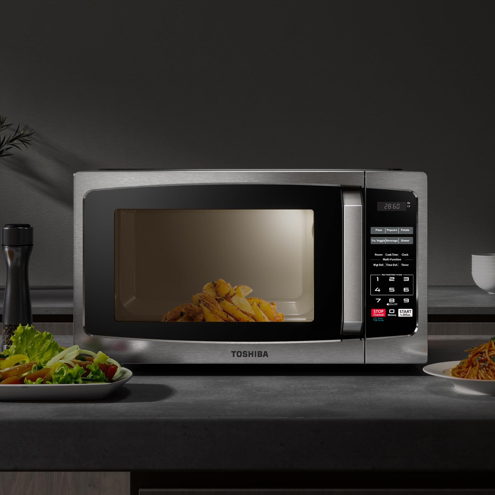 TOSHIBA 0.9 Cu Ft Stainless Steel Microwave Oven - 900W with ECO Mode, LED Lighting & Sound On/Off Function | Compact Countertop Microwave for Small Kitchens, Dorms & Office Break Rooms