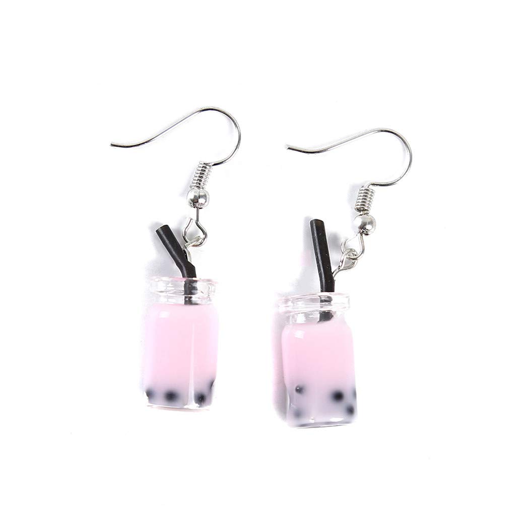 Cute Pearl Milk Tea Dangle Earrings for Women & Girls - Valentine's Day Gift, Pink | Trendy Kawaii Jewelry for Casual Wear, Date Night & Tea Party Accessories