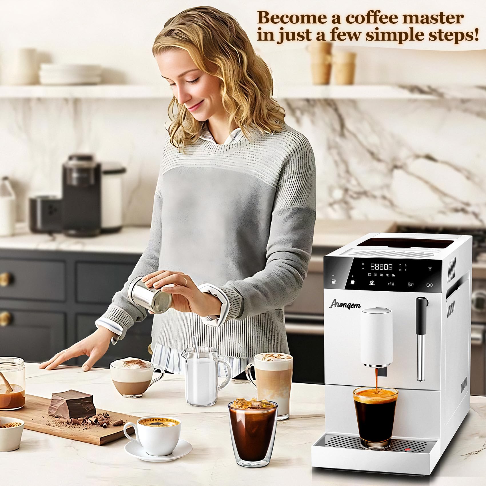 Automatic Espresso Coffee Machine with Built-In Grinder & Milk Frother - White Home Barista System for Homemade Cappuccino, Latte & Espresso | Perfect for Kitchen Countertops, Office Break Rooms & Small Coffee Shops