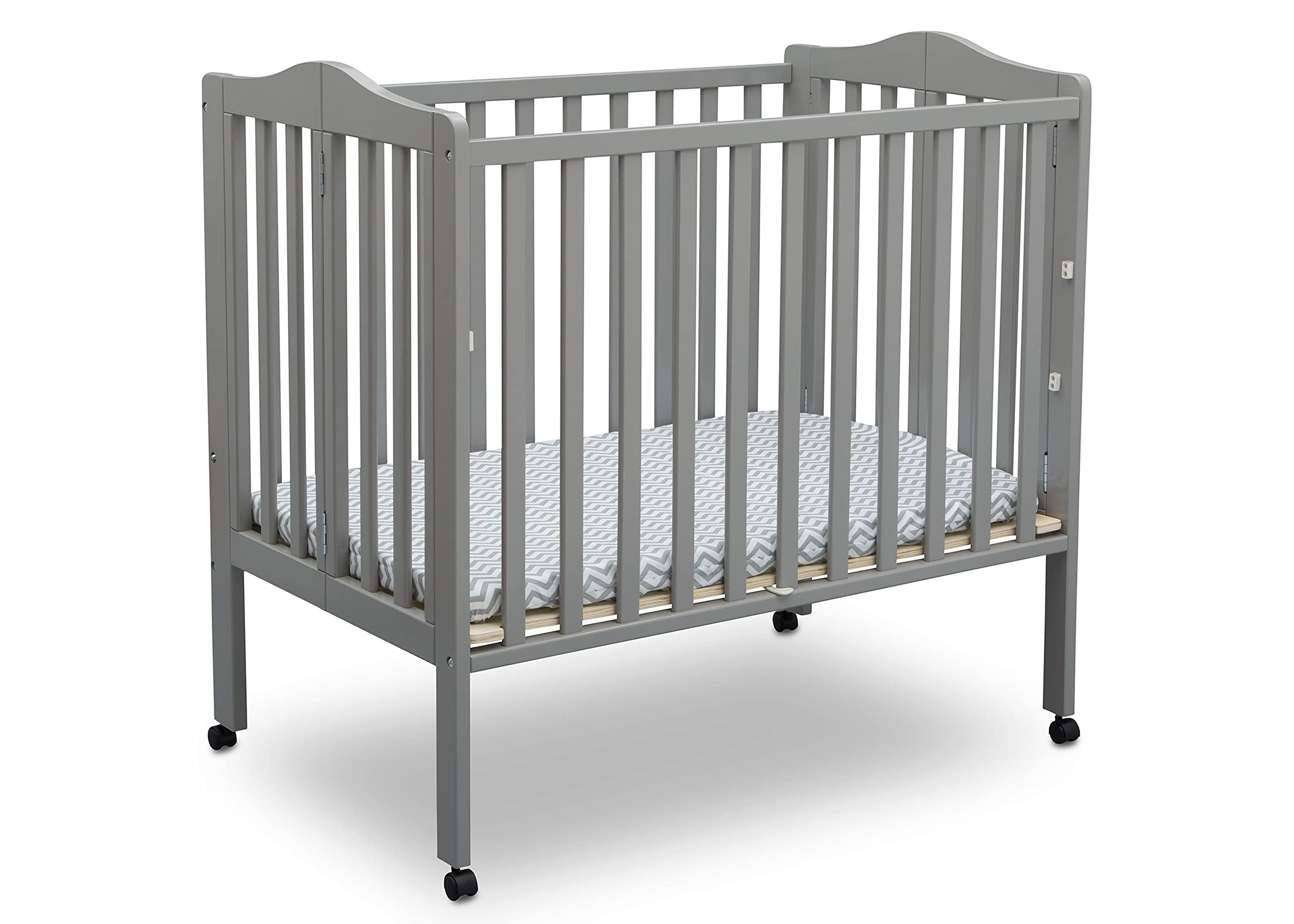 Delta Children Folding Portable Mini Baby Crib with 1.5-inch Mattress - Greenguard Gold Certified, Lightweight Travel Crib for Nursery, Bedroom & On-The-Go, Grey