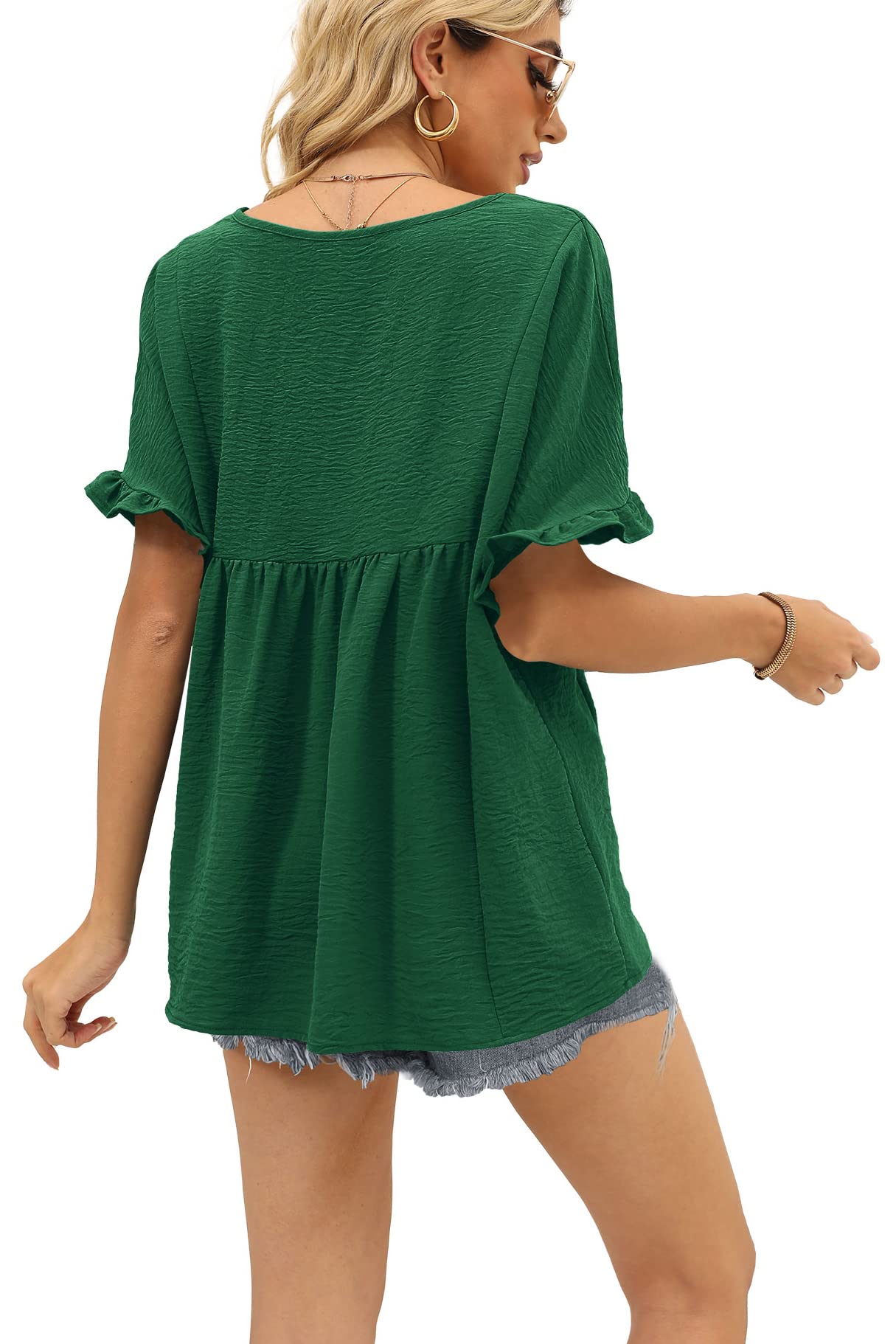 WIHOLL Women's Casual V-Neck Ruffle Sleeve T-Shirt | Loose Fit Babydoll Peplum Top | Perfect for Summer Outfits, Date Nights & Office Wear