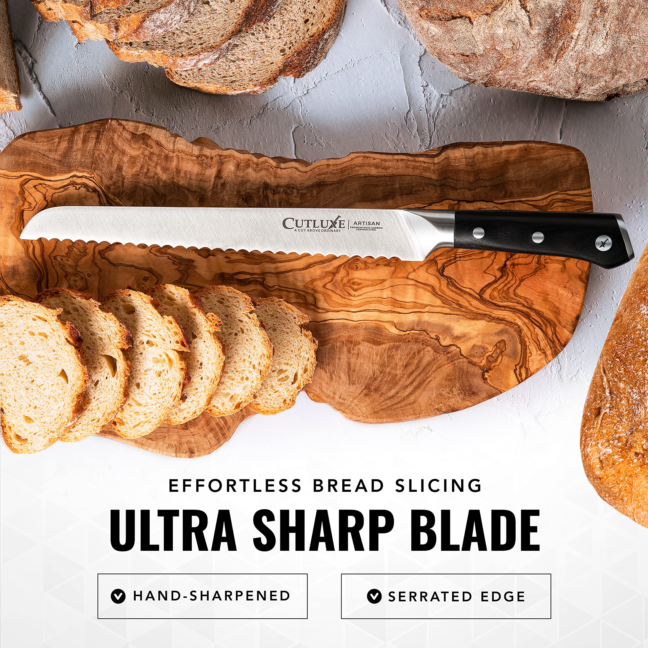 Cutluxe 10-Inch Serrated Bread Knife – High Carbon German Steel Blade for Sourdough & Homemade Bread – Razor Sharp Full Tang Knife with Ergonomic Handle – Perfect for Bakeries, Kitchens & Artisan Bread Making