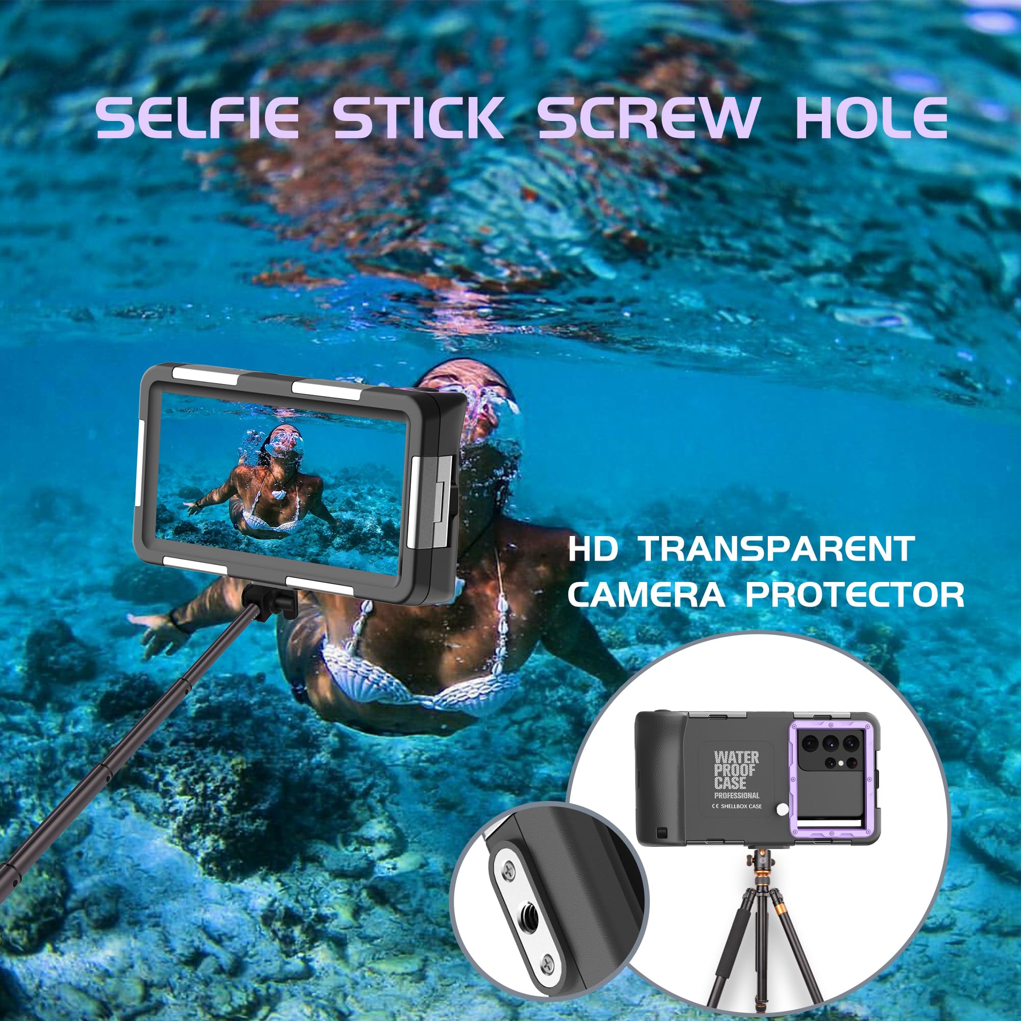 **Universal Waterproof Phone Case for Diving & Snorkeling - Underwater iPhone 16/15/14/13/12/11/Pro Max & Samsung Galaxy S24/S23/S21/Ultra - Purple with Lanyard - Perfect for Scuba, Swimming & Capturing Photos/Videos**