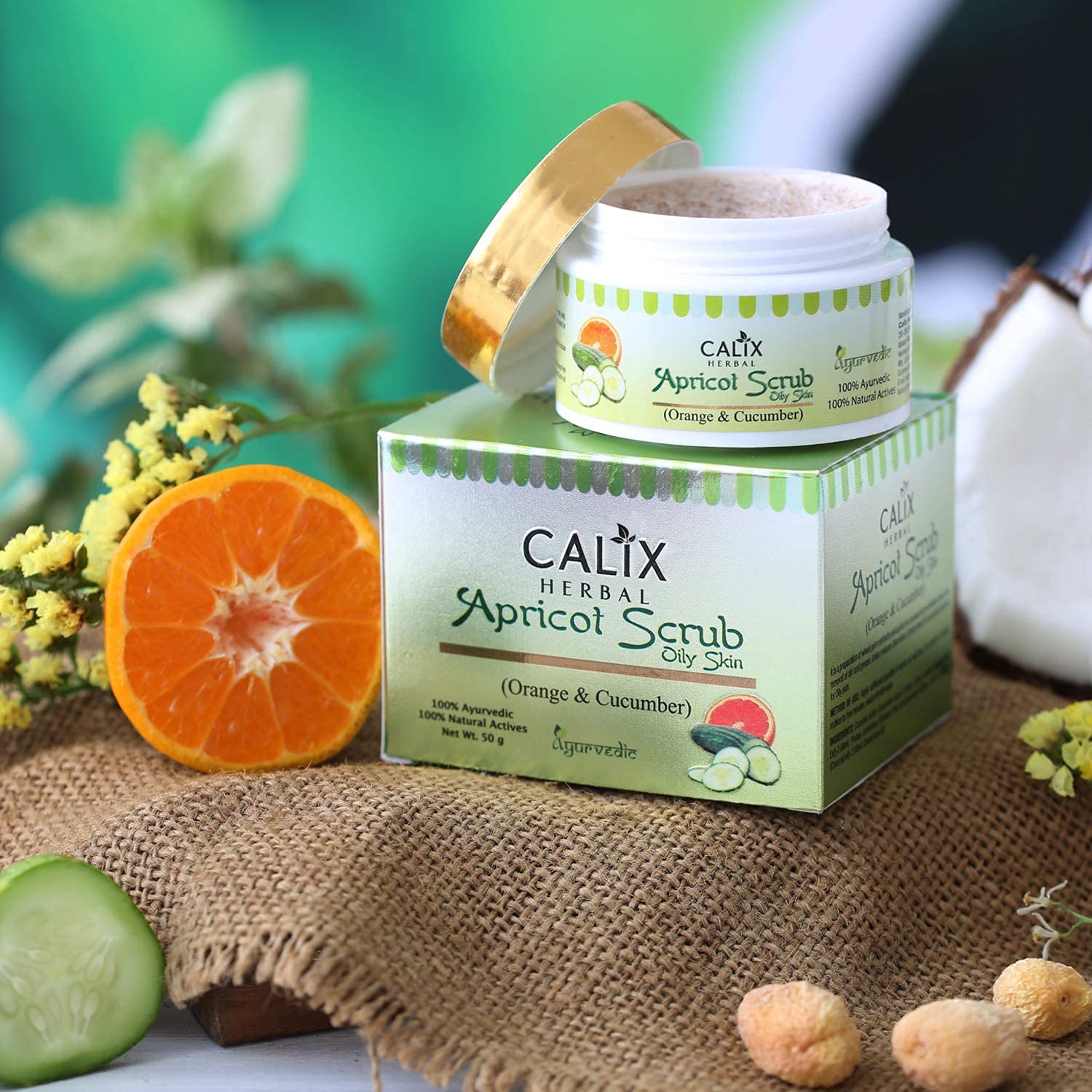 Calix Herbal Organic & Ayurvedic Apricot Scrub - Natural Skin Exfoliator for Face & Body, Deep Pore Cleansing, Blackhead Removal, Enriched with Cucumber & Orange Extracts (50g) - Perfect for Daily Skincare Routine & Spa Treatments
