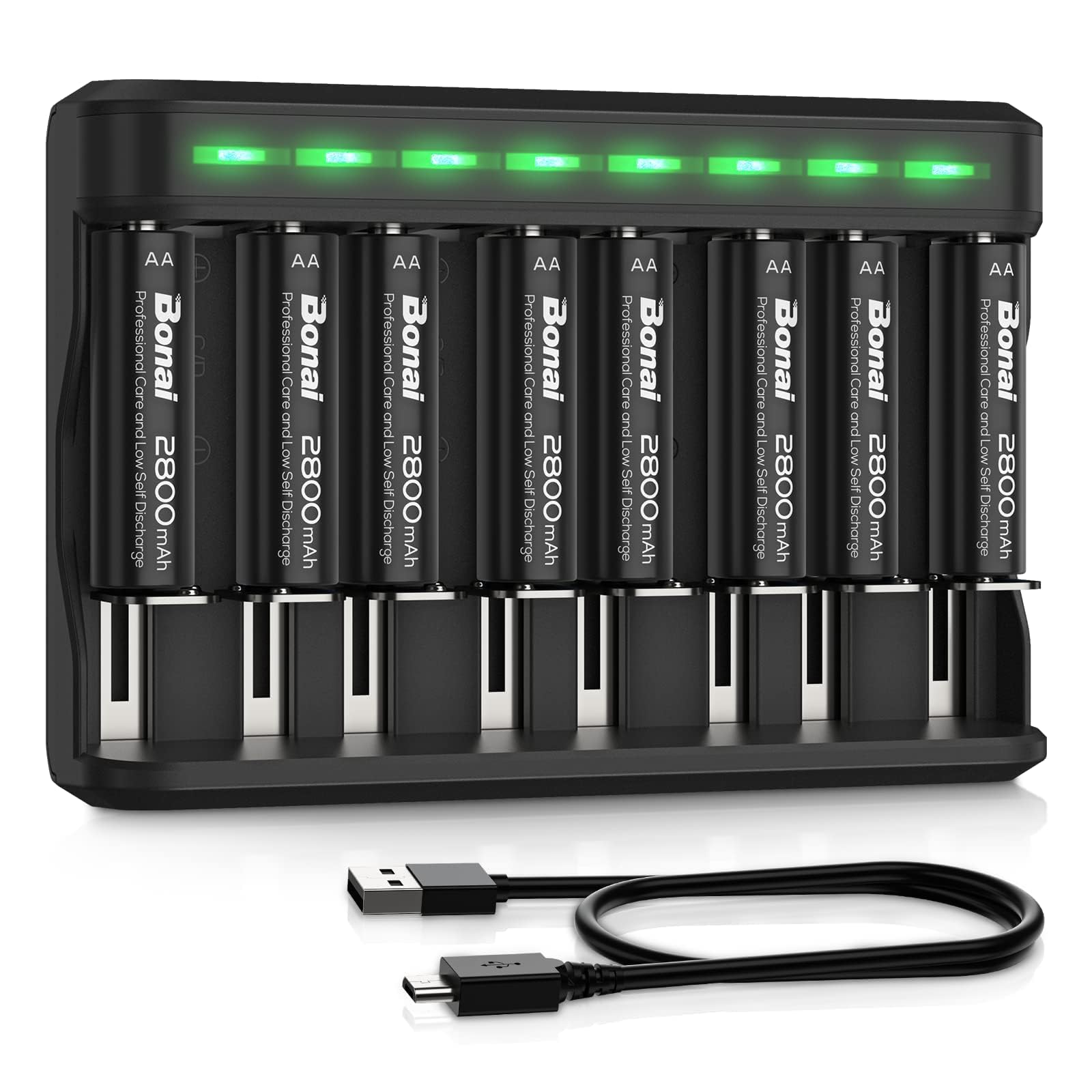 BONAI 8-Pack 2800mAh Rechargeable AA Batteries with Independent Slot Charger - Compatible with AA AAA C D NiMH Batteries - Perfect for Cameras, Toys, Flashlights & Electronics