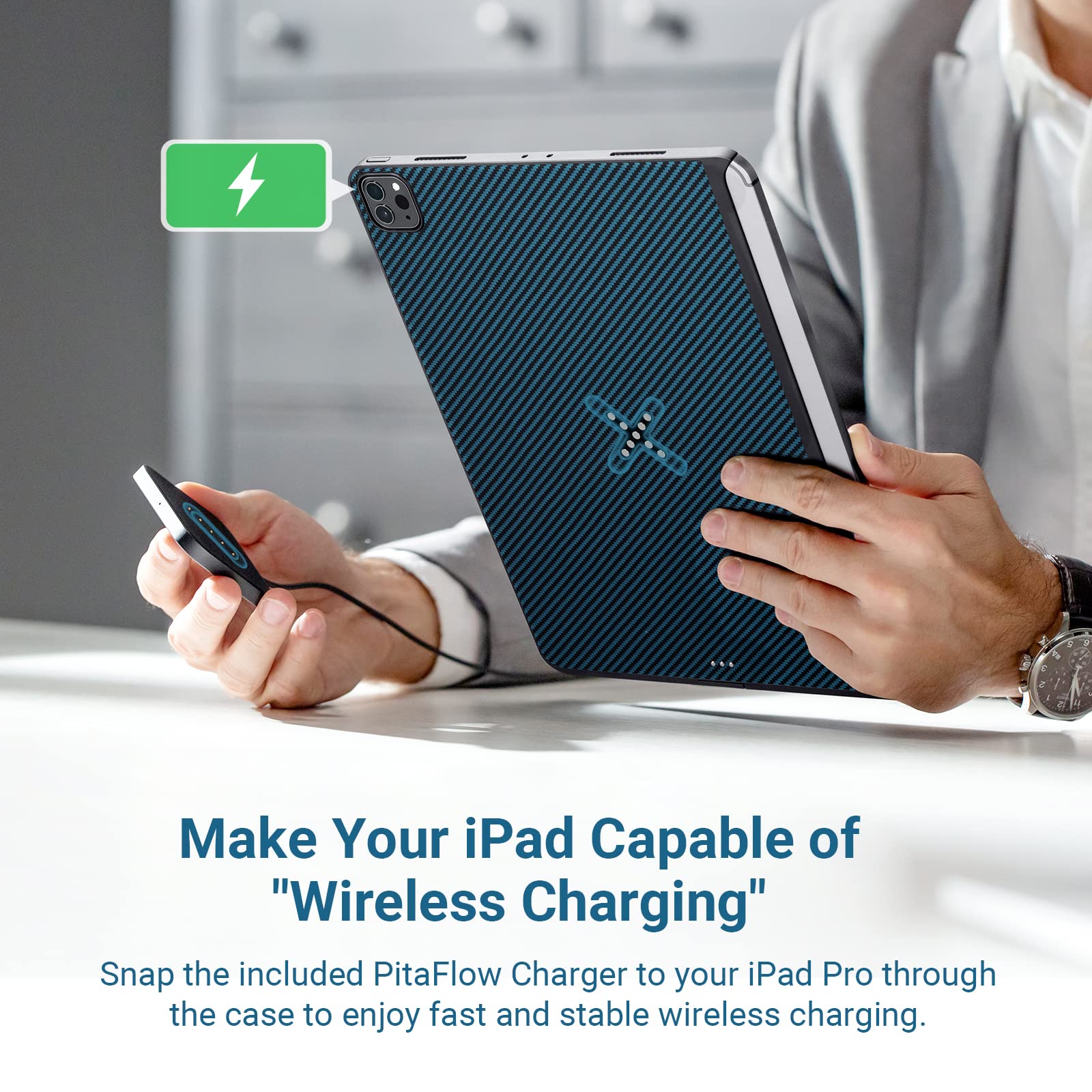 PITAKA Magnetic Wireless Charging Case for iPad Pro 12.9 (2021/2022) - 1500D Aramid Fiber Protective Cover, Magic Keyboard & Apple Pencil 2 Compatible | Perfect for Work, Travel & Home Use - Black/Blue