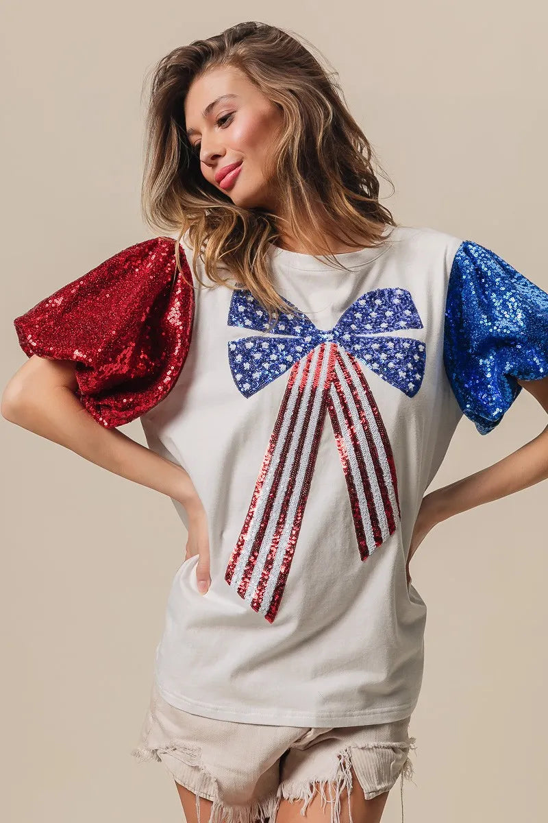 BiBi Sequin American Flag Bow Top - Patriotic Glamour for Women | Perfect for 4th of July, Independence Day & USA Themed Parties