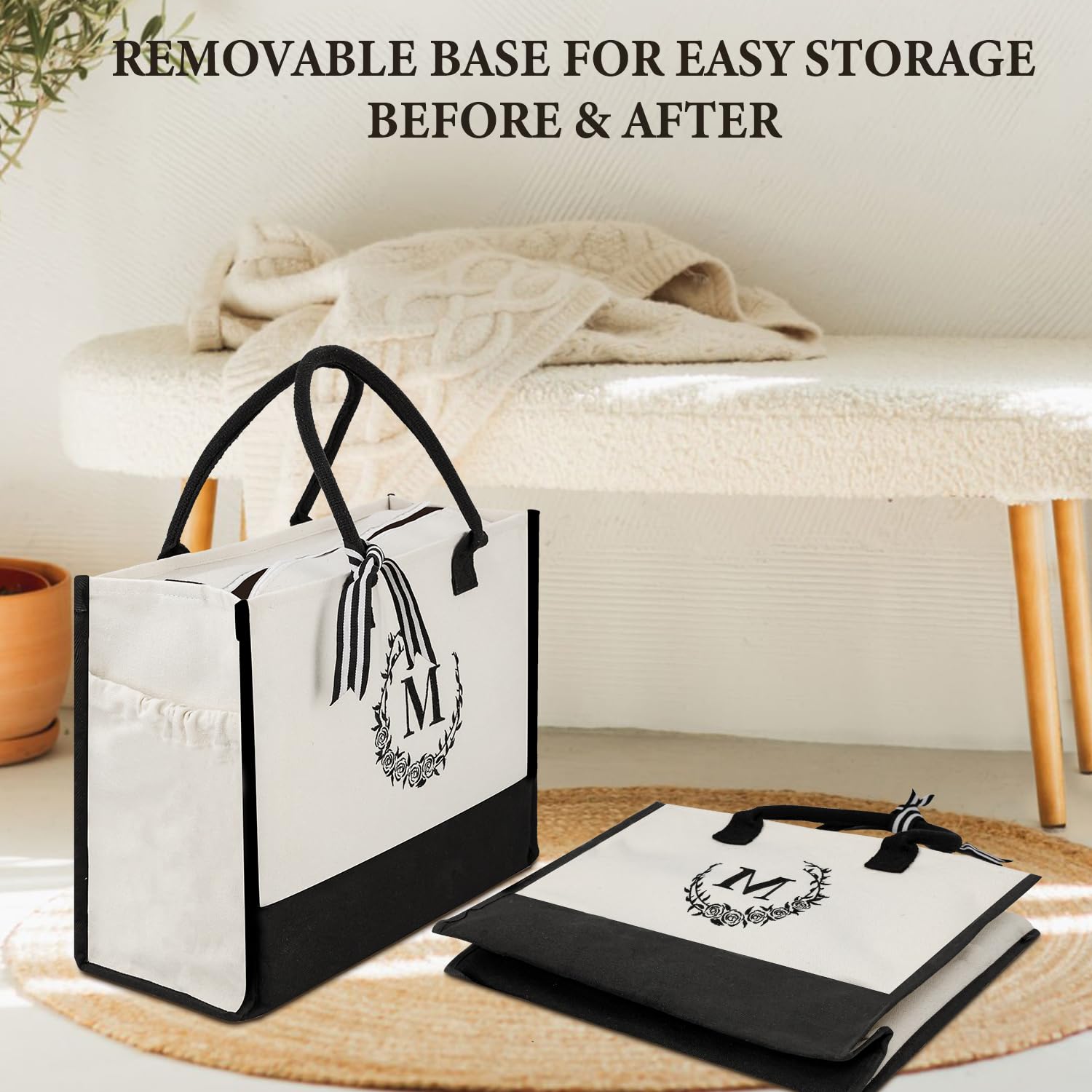 Personalized Floral Monogram Tote Bag with Matching Makeup Pouch - Large Canvas Beach Bag, Travel Tote for Women, Moms & Grandmas - Perfect for Shopping, Vacation & Daily Use