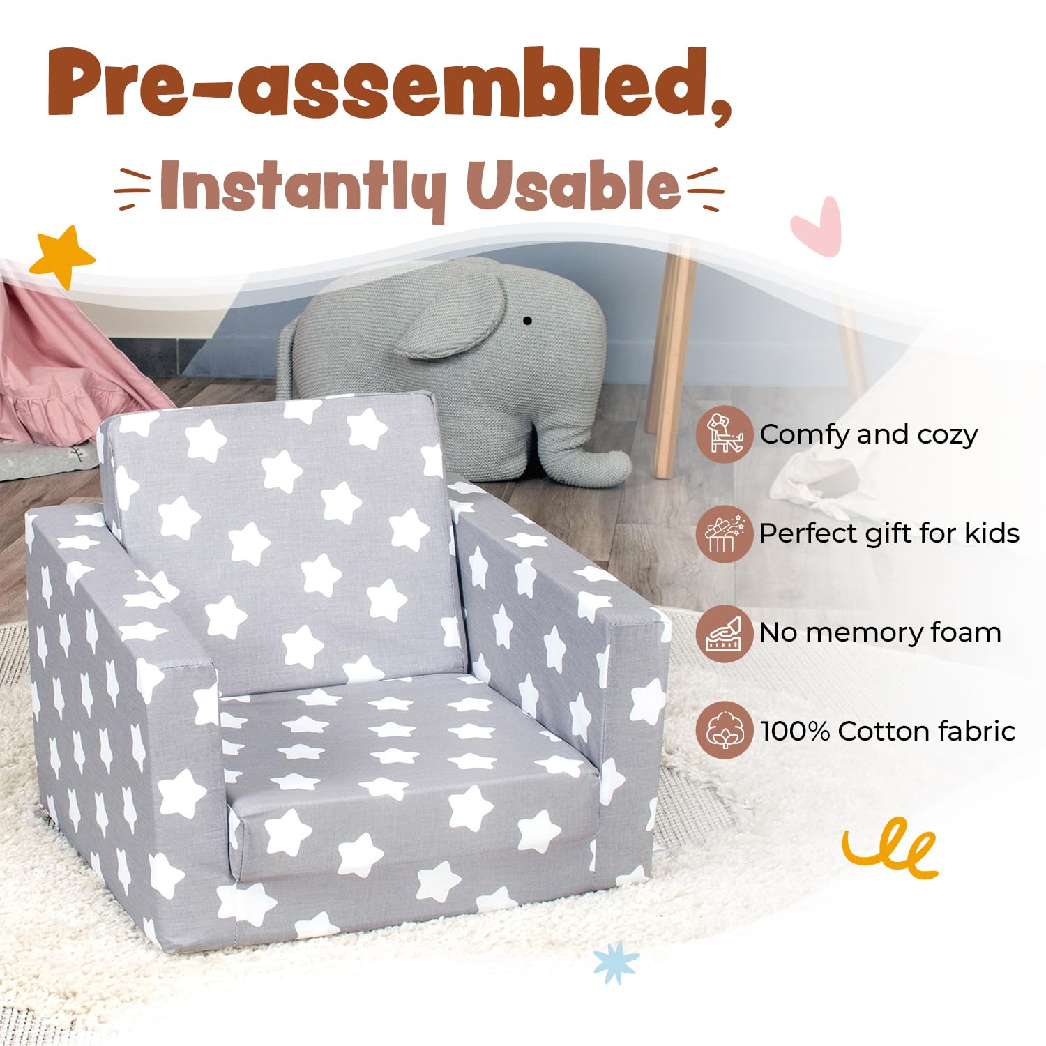 Delsit Convertible Kids Couch - 2-in-1 Toddler Armchair & Lounger with Flip Out Design, Soft Foam Sofa for Children's Room & Playroom | Made in Europe | Perfect for Reading, TV Time & Playdates