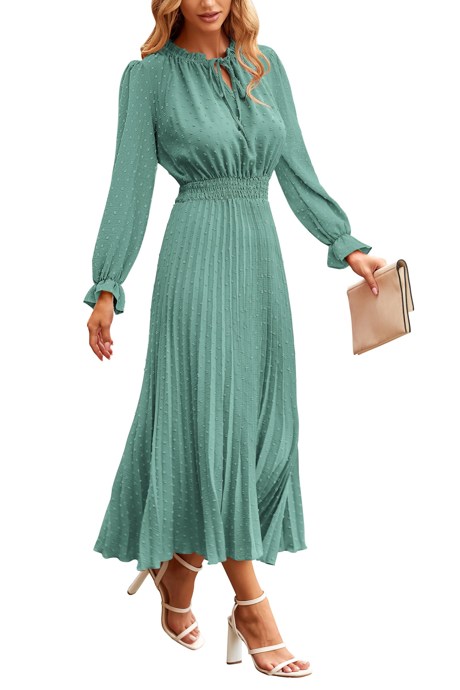 PRETTYGARDEN Women's 2025 Spring Fall Midi Dress - Long Sleeve V-Neck Swiss Dot Pleated A-Line Flowy Casual Dress for Work, Party & Date Night | Elegant Office Wear & Special Occasion Outfit