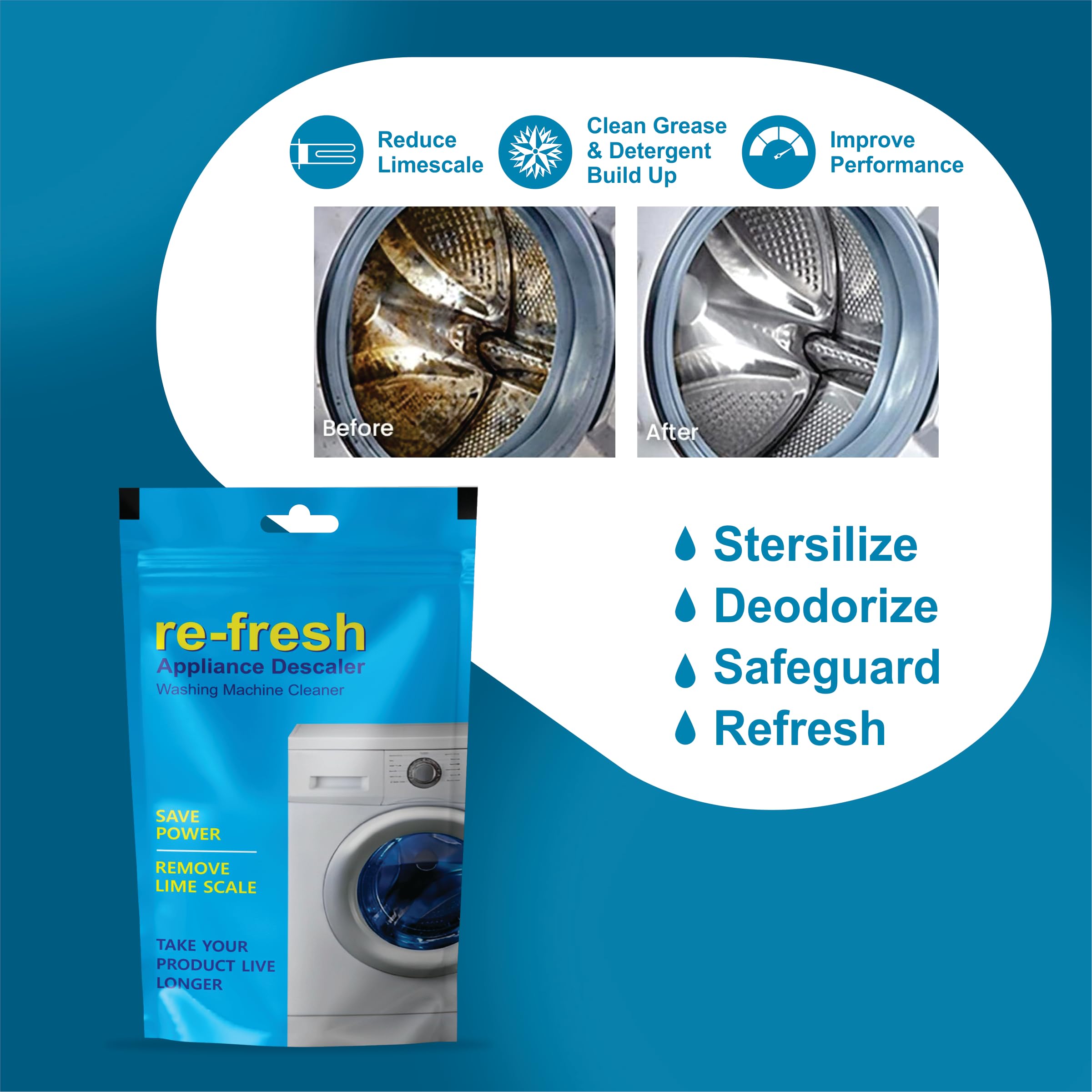 Walvia Re-fresh Washing Machine Cleaner Powder - 600g (Pack of 6) | Top & Front Load Washer Descaler, Drum Cleaner for Limescale & Odor Removal | Perfect for Laundry Maintenance & Appliance Care