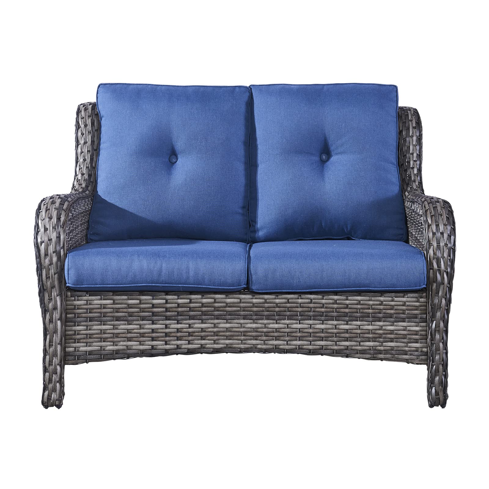 2-Seat Wicker Patio Loveseat - Outdoor Rattan Sofa with Deep Seating & Cushions, Mixed Grey/Blue - Perfect for Porch, Deck, Balcony & Backyard Relaxation